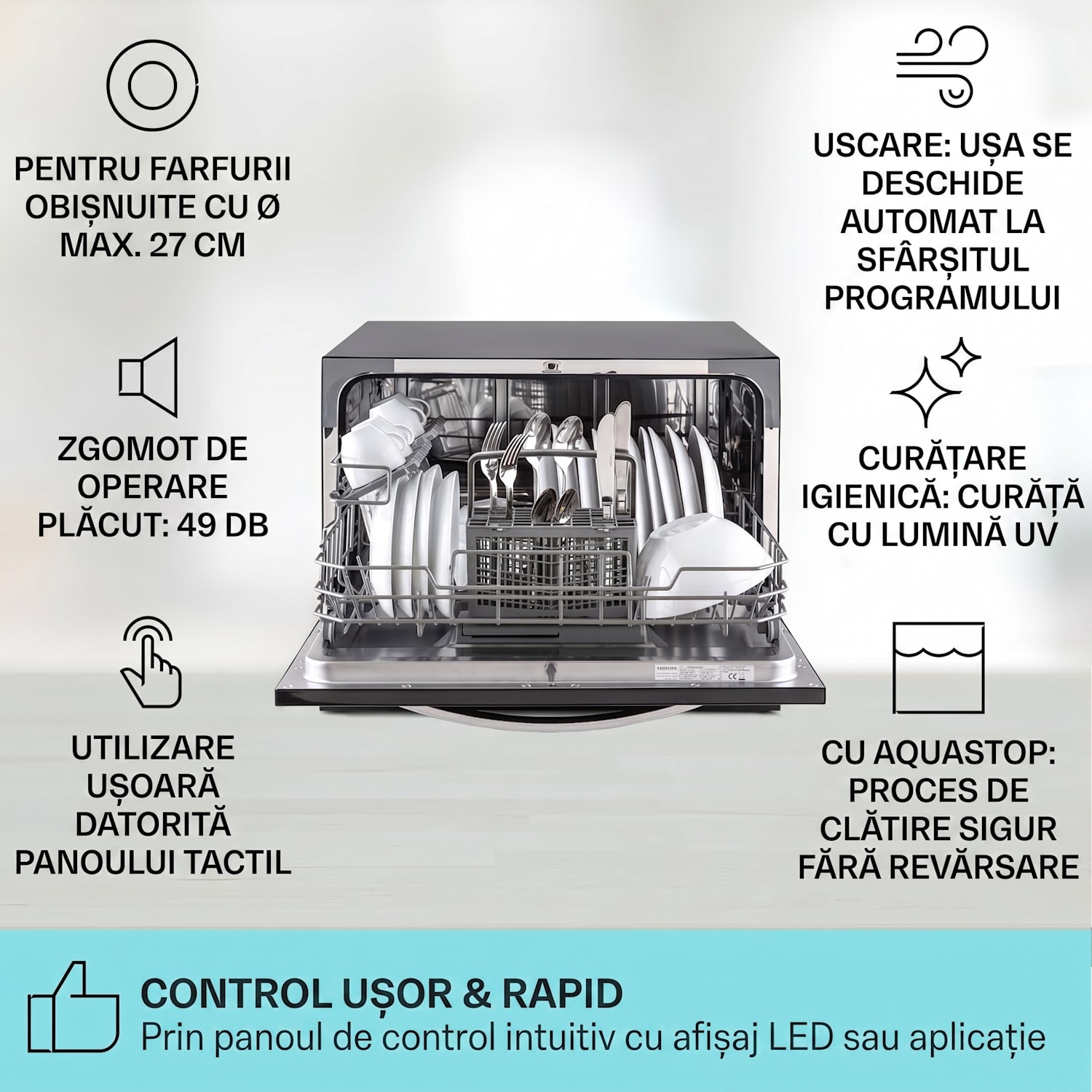 Havasia UV 6 Luminance, mașină de spălat vase, cu lumină UV, cu fața din sticlă, cu suport liber, 1380W Negru