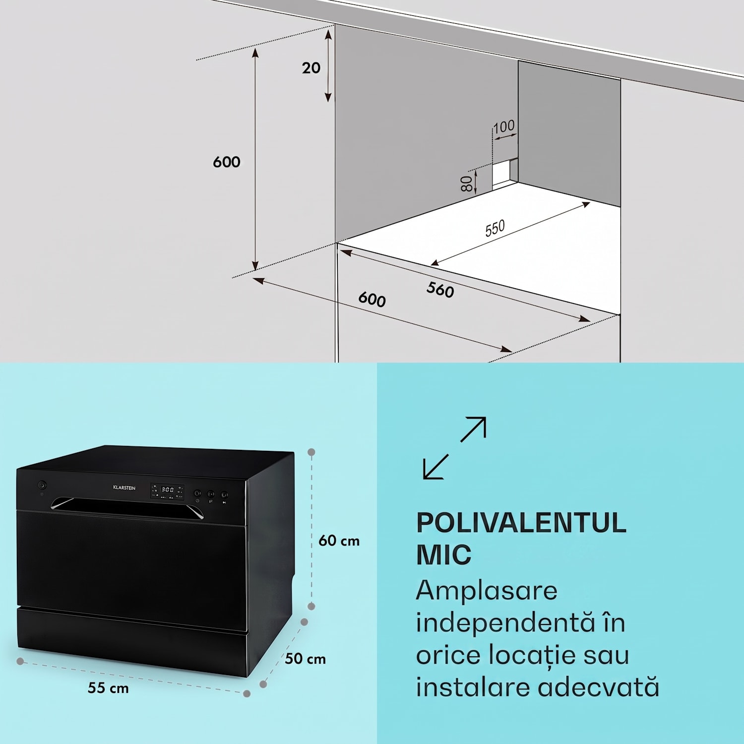 Amazonia TT 8, mașină de spălat vase, cu lumină UV, cu fața din sticlă, ca suport liber / încorporabilă, 1620 W 