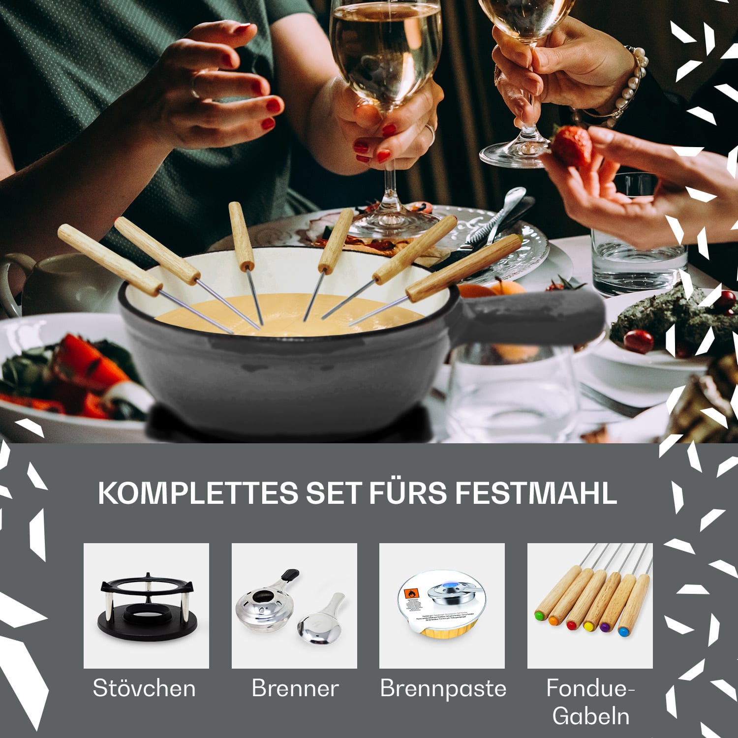 Holsten Fondue-Set Topf Stövchen Brenner 6 Gabeln 1,5 L Gusseisen 