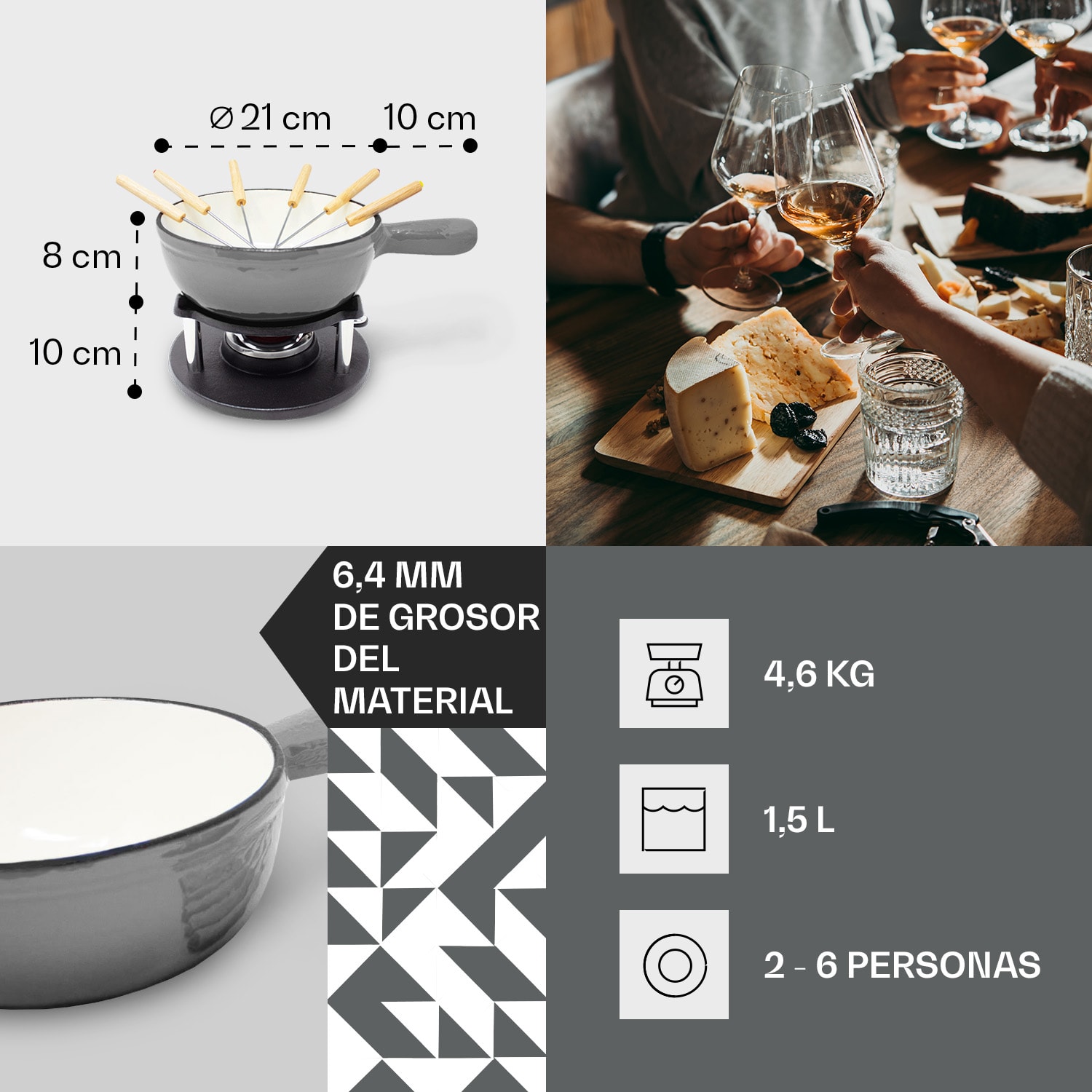 Holsten Set de fondue olla calentador hornillo 6 tenedores 1.5 L hierro fundido 