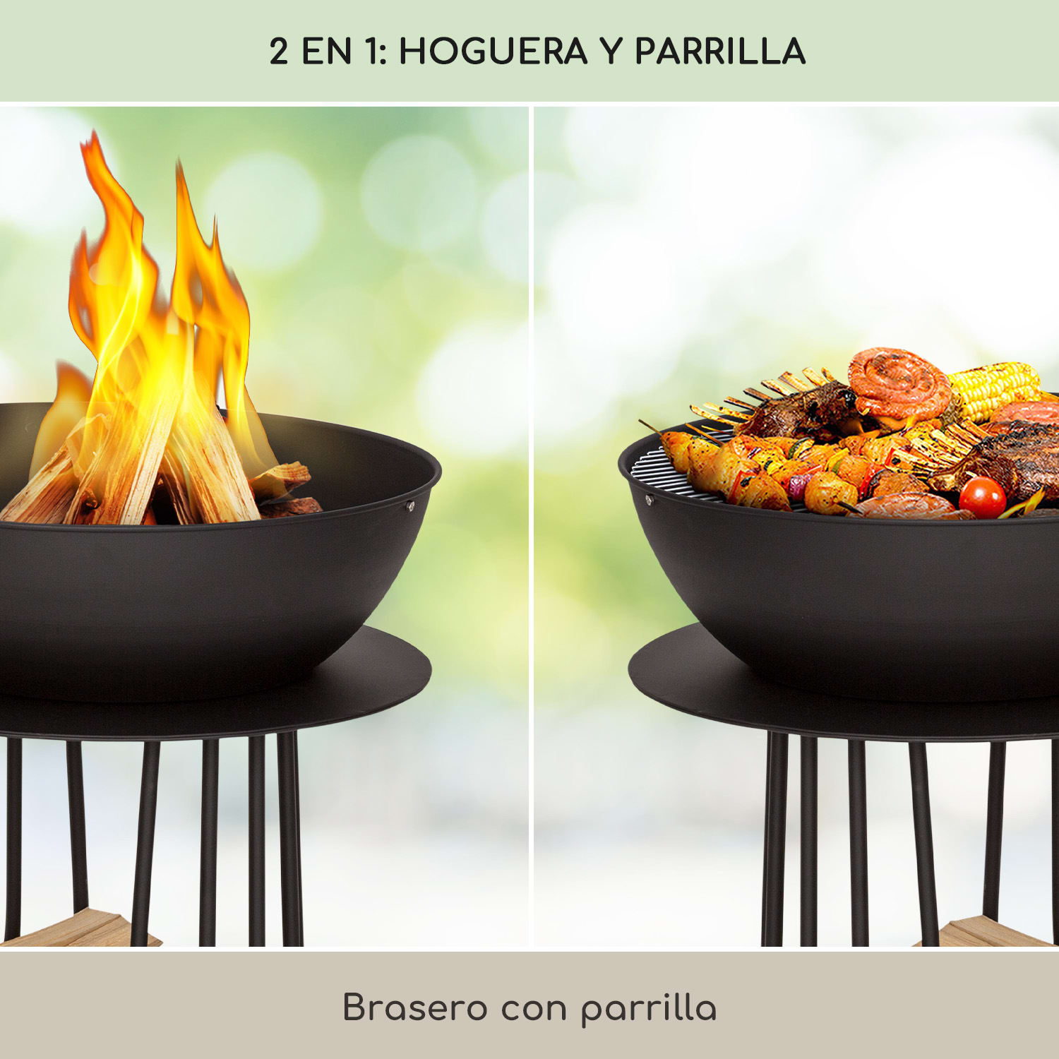 Nantai High Brasero 2 en 1: brasero y parrilla Ø50 cm Rejilla Depósito de leña Alto