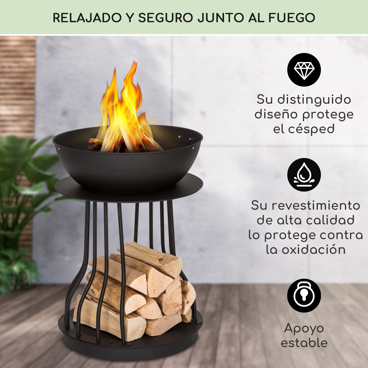 Nantai High Brasero 2 en 1: brasero y parrilla Ø50 cm Rejilla Depósito de leña Alto