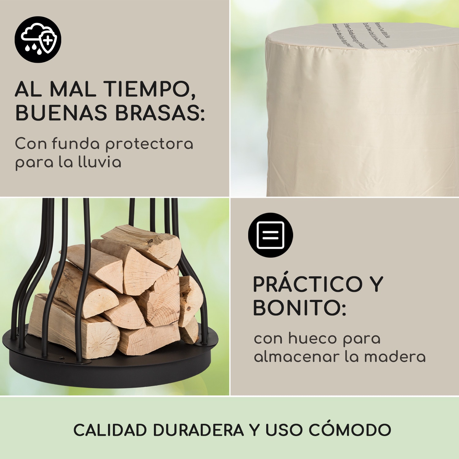 Nantai High Brasero 2 en 1: brasero y parrilla Ø50 cm Rejilla Depósito de leña Alto