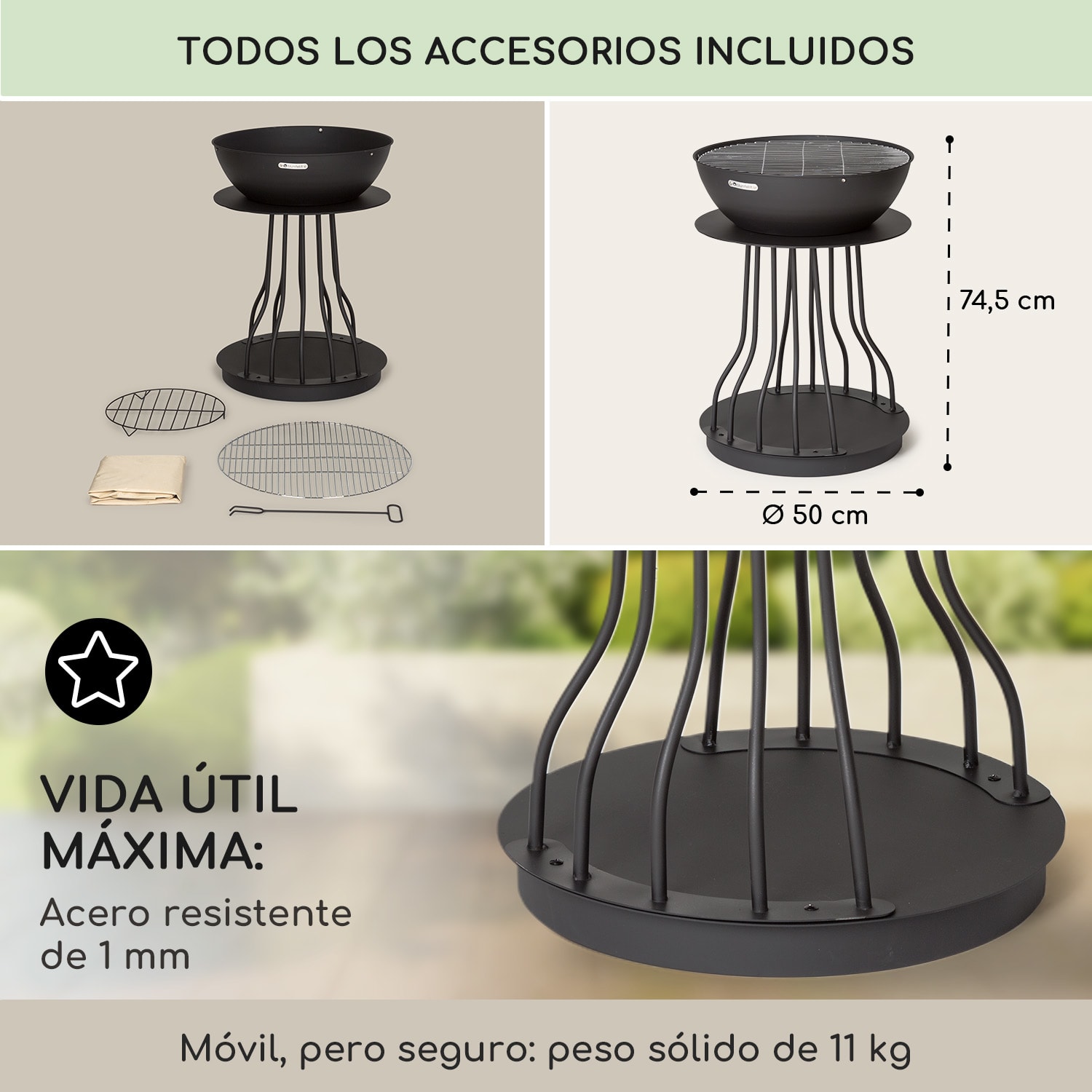 Nantai High Brasero 2 en 1: brasero y parrilla Ø50 cm Rejilla Depósito de leña Alto