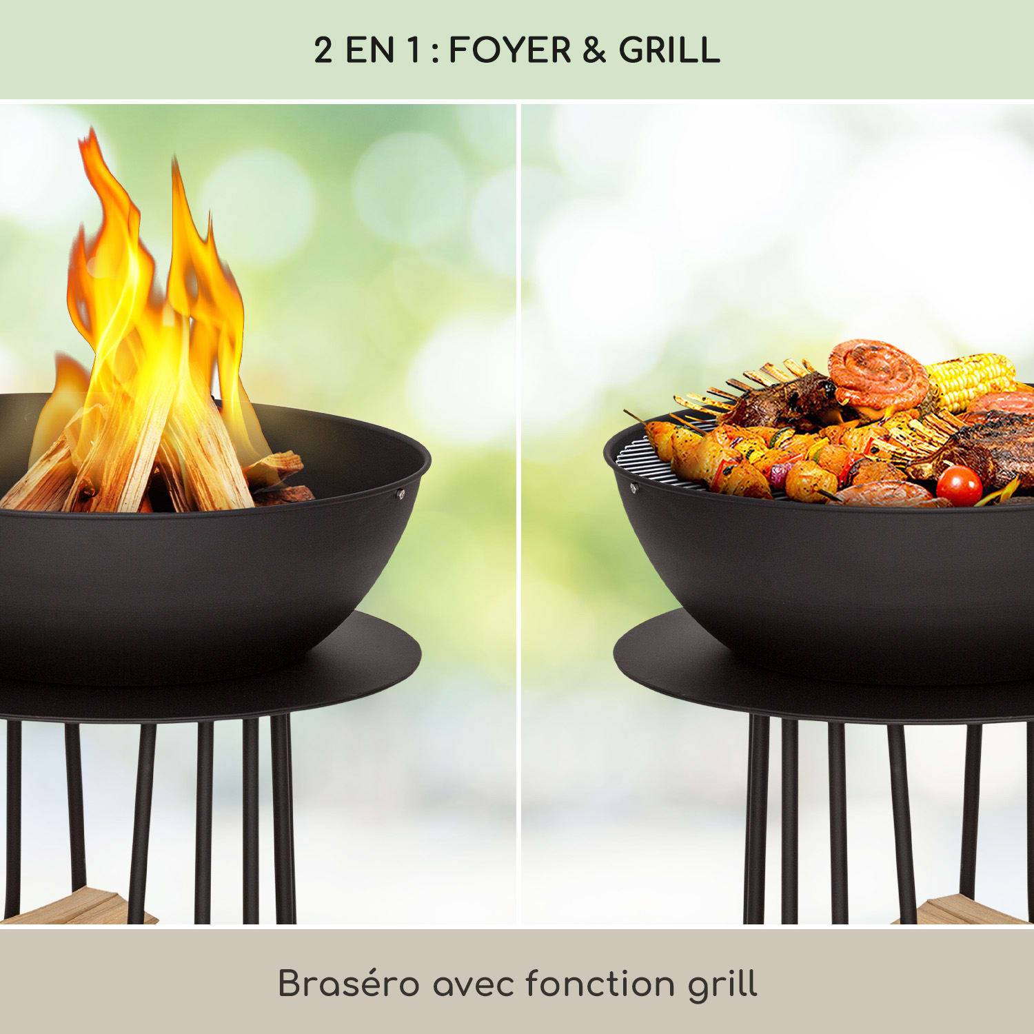 Nantai High Braséro 2 en 1 : braséro & barbecue Ø 50 cm grille de cuisson rangement pour bois haut