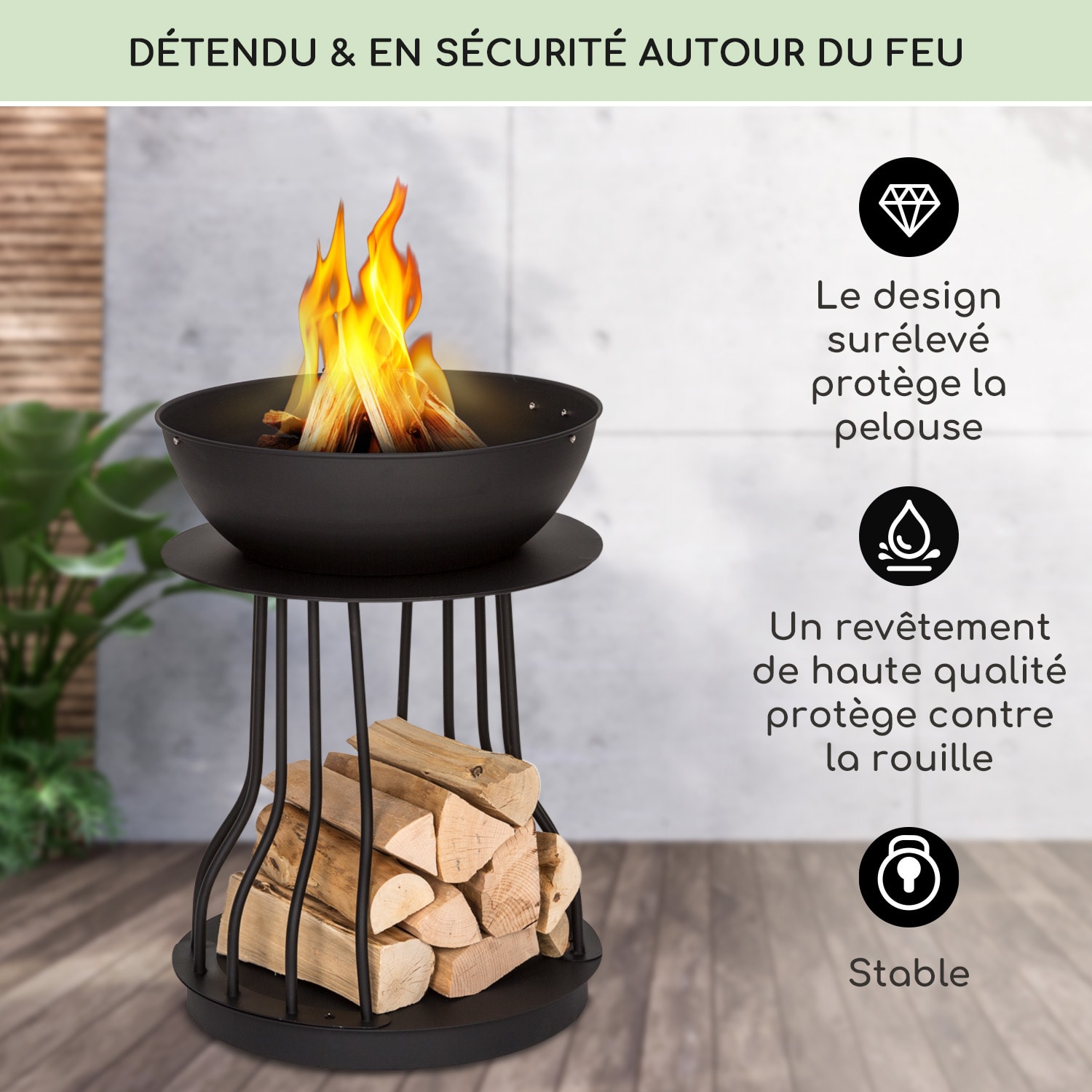 Nantai High Braséro 2 en 1 : braséro & barbecue Ø 50 cm grille de cuisson rangement pour bois haut