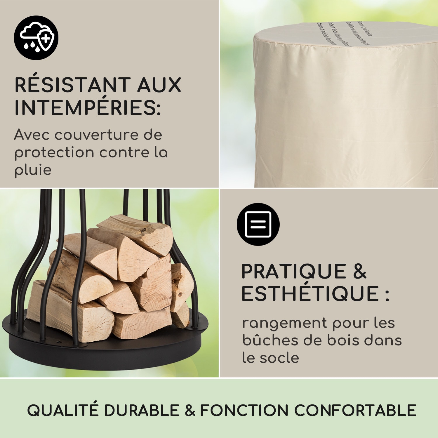 Nantai High Braséro 2 en 1 : braséro & barbecue Ø 50 cm grille de cuisson rangement pour bois haut