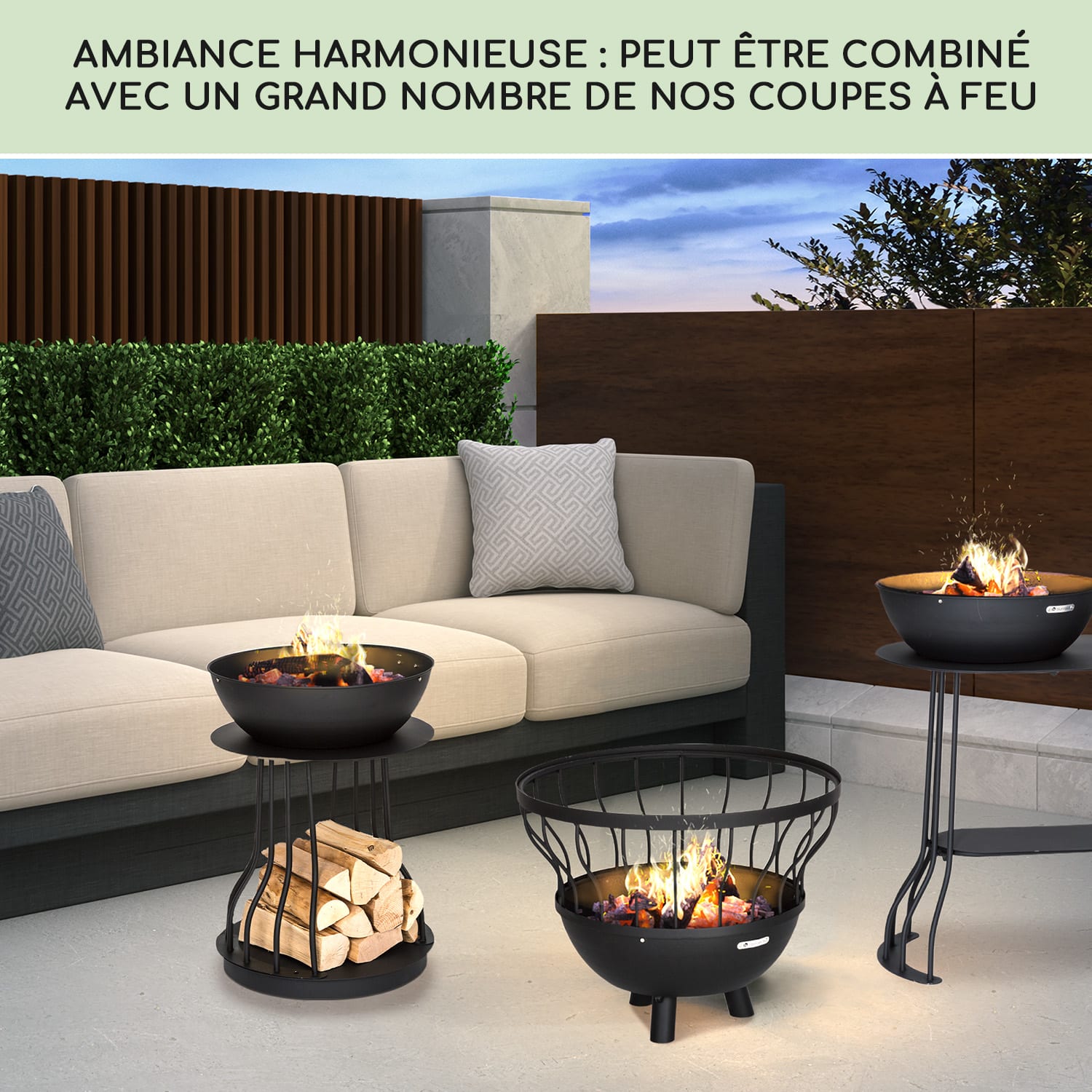 Nantai High Braséro 2 en 1 : braséro & barbecue Ø 50 cm grille de cuisson rangement pour bois haut