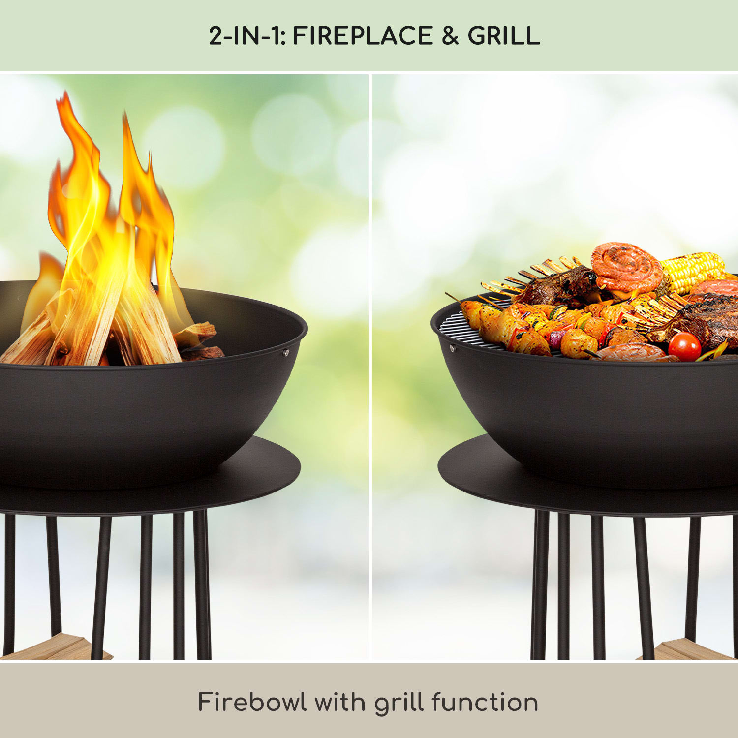 Nantai High, palenisko ogrodowe 2 w 1: palenisko/grill, Ø 50 cm, ruszt grillowy, schowek na drewno wysoki