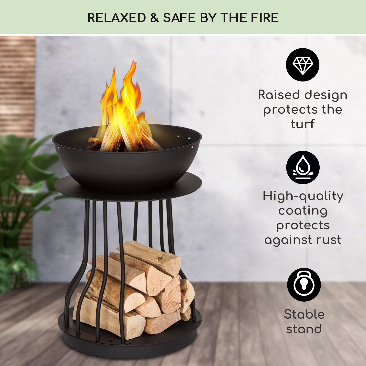 Nantai High, palenisko ogrodowe 2 w 1: palenisko/grill, Ø 50 cm, ruszt grillowy, schowek na drewno wysoki