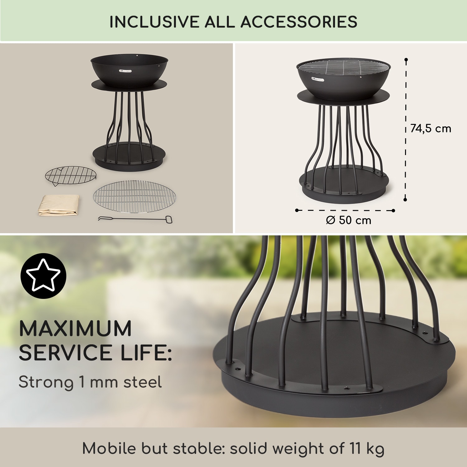 Nantai High, palenisko ogrodowe 2 w 1: palenisko/grill, Ø 50 cm, ruszt grillowy, schowek na drewno wysoki