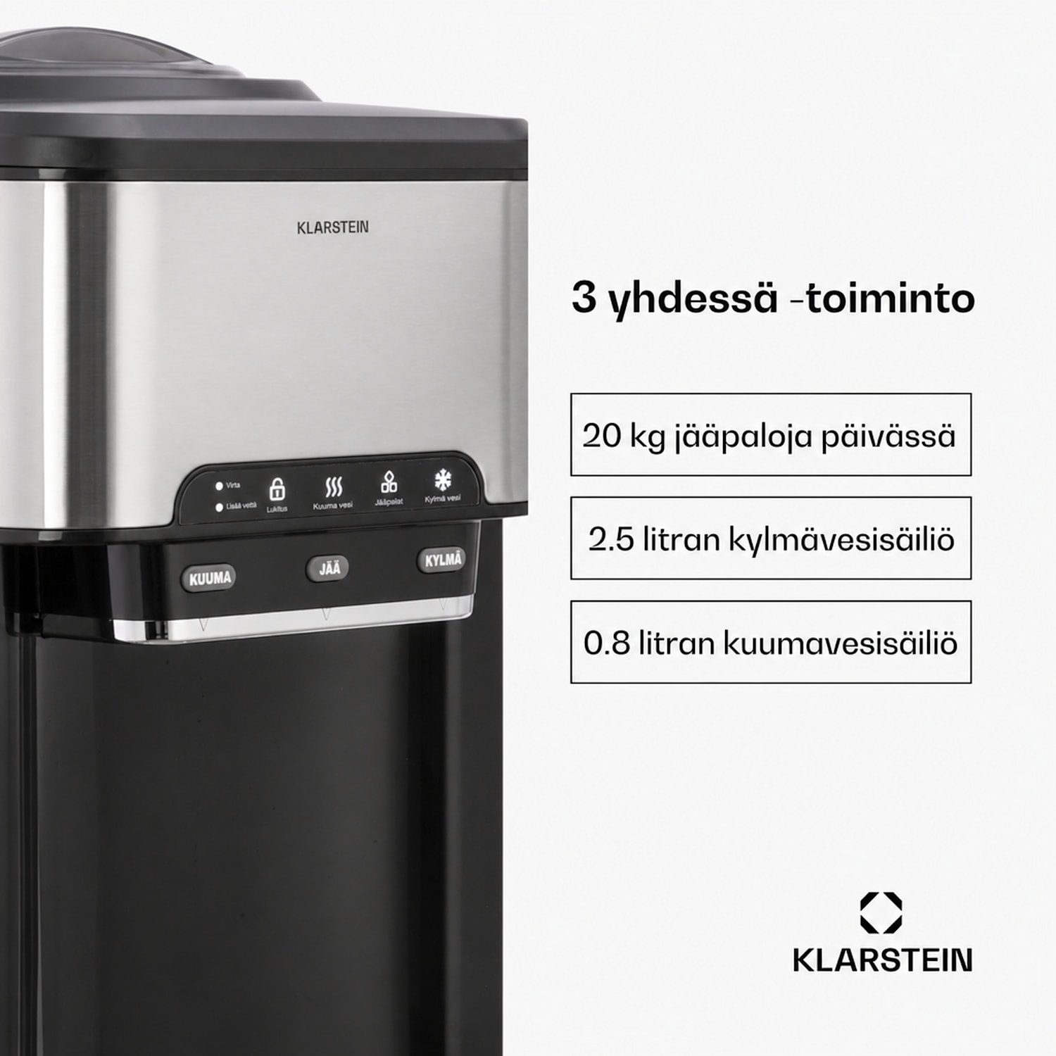 Aqueous-jääpalakone 3 in 1: jääpaloja, vesiautomaatti: kuuma ja kylmä 20 kg/24 h Hopea