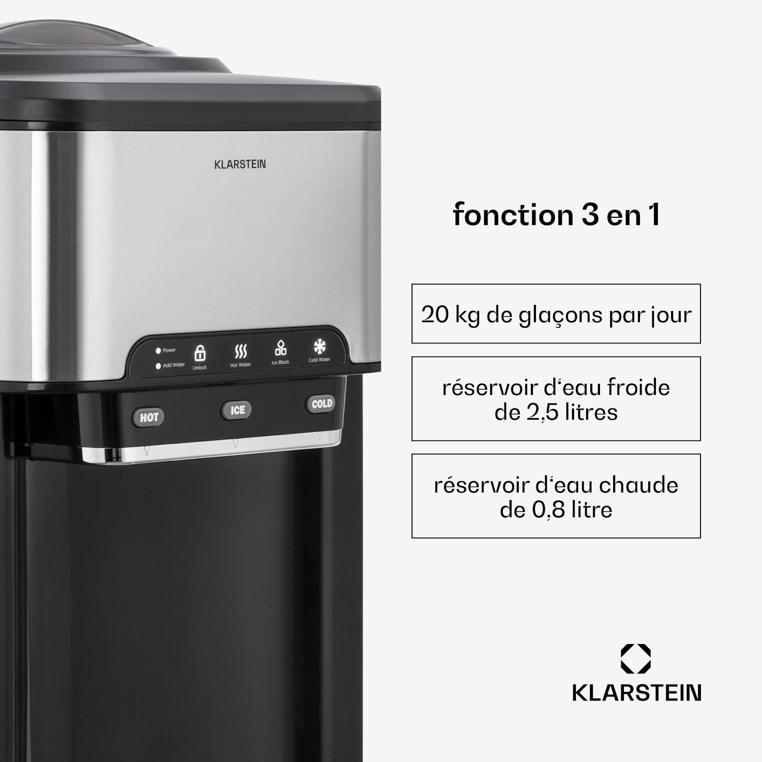 Machine à glaçons Aqueous 3 en 1 : glaçons, distributeur d'eau : chaude & froide 20 kg/24 h Argent