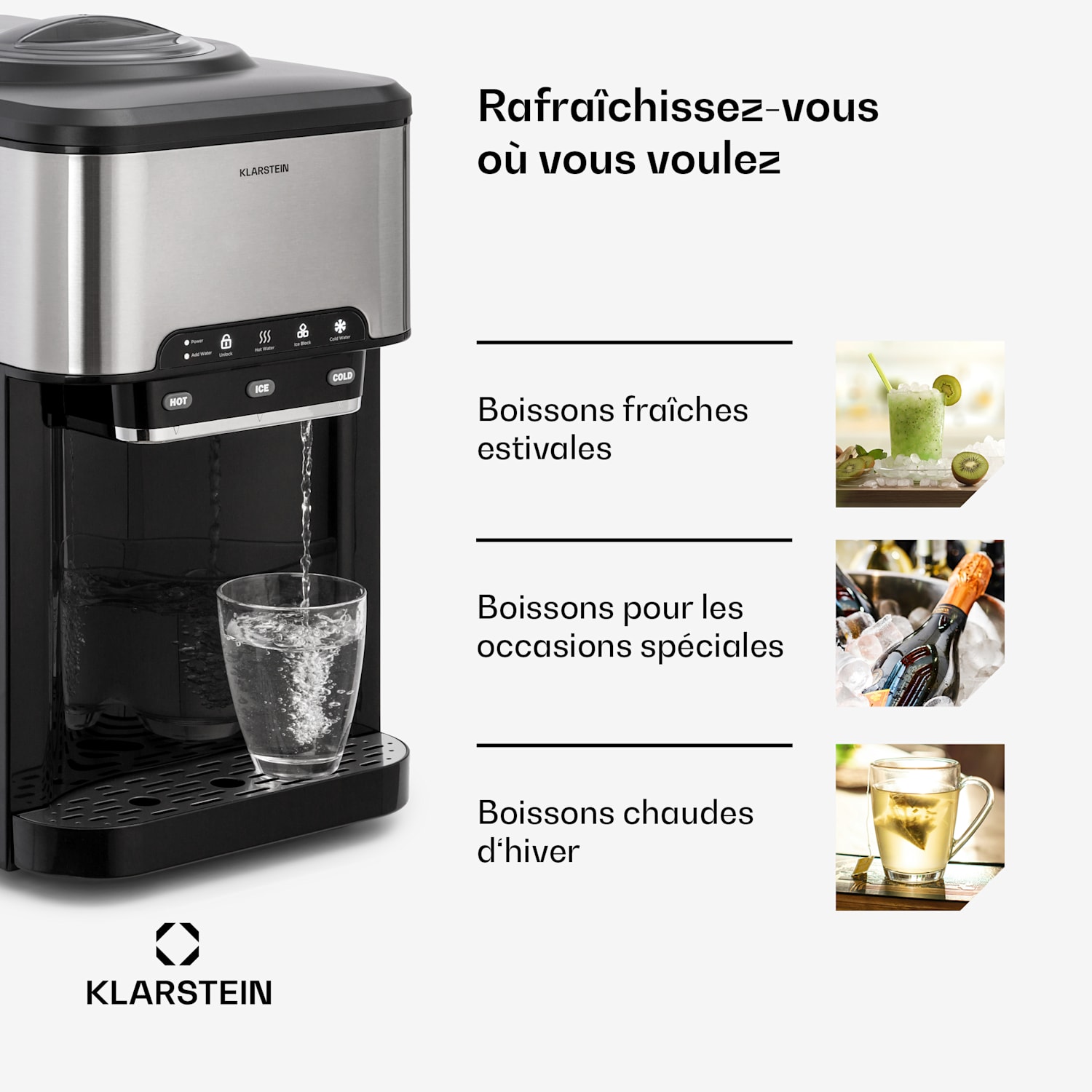 Machine à glaçons Aqueous 3 en 1 : glaçons, distributeur d'eau : chaude & froide 20 kg/24 h Argent