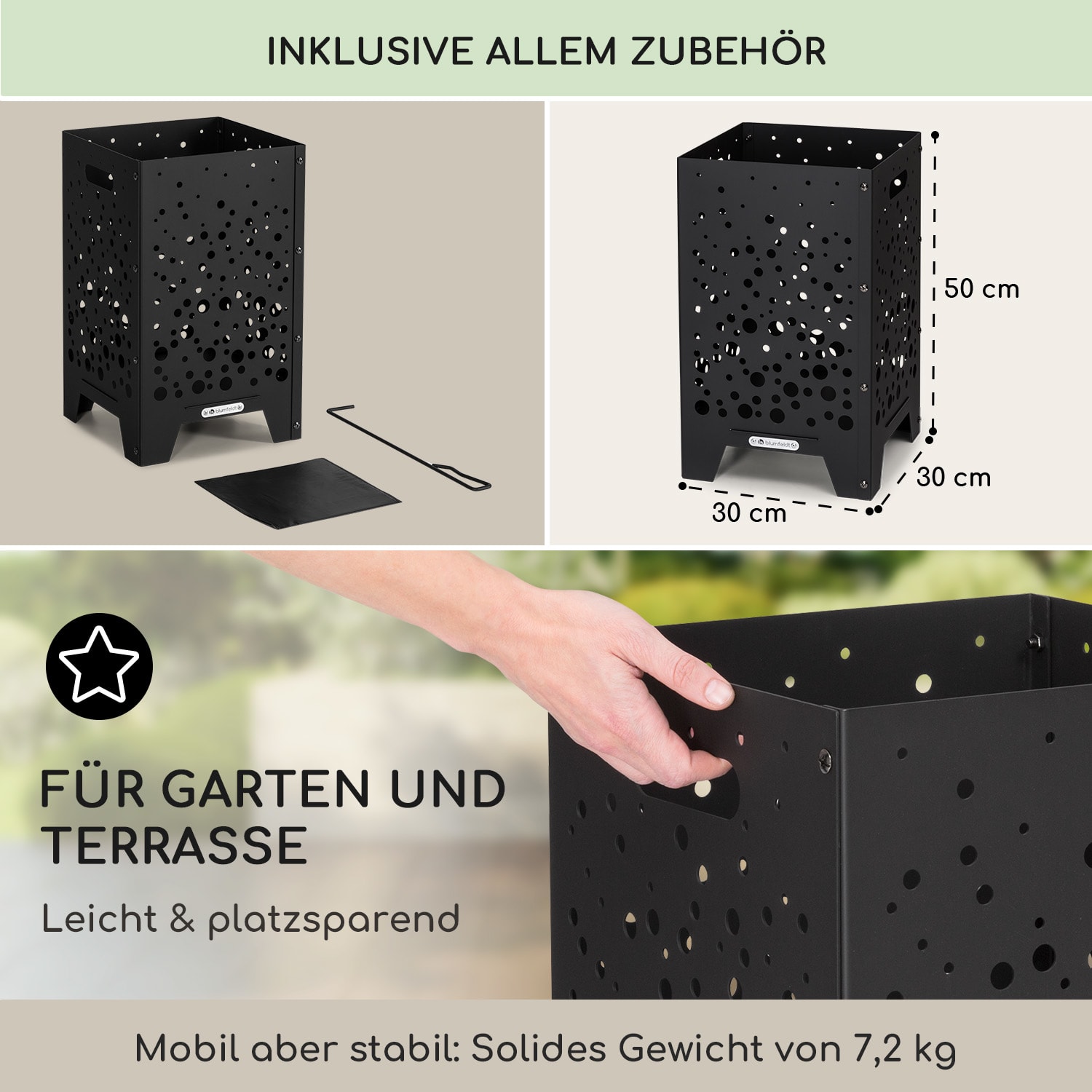 Bazman Feuerkorb Stahl robust Loch-Muster Schürhaken Regenhaube 