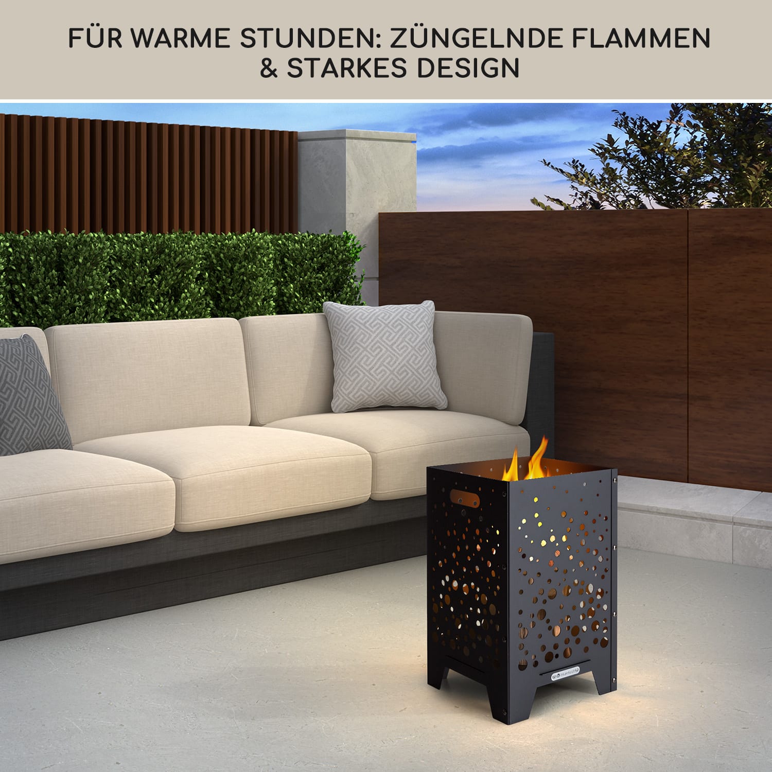 Bazman Feuerkorb Stahl robust Loch-Muster Schürhaken Regenhaube 