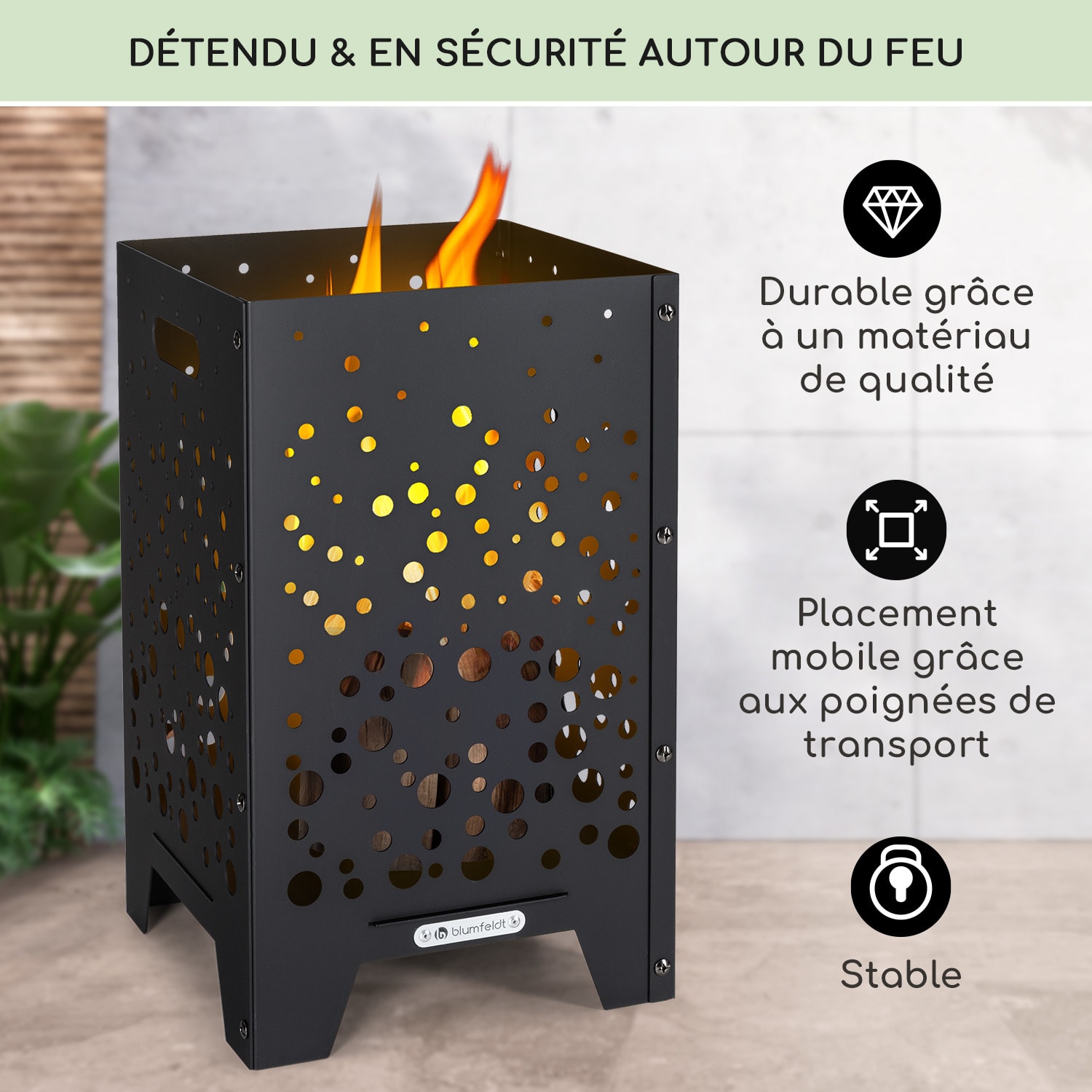 Bazman Corbeille à feu en acier robuste avec motif à trous tisonnier et housse anti-pluie 