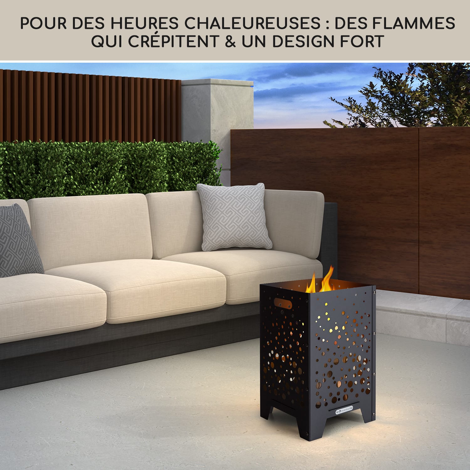 Bazman Corbeille à feu en acier robuste avec motif à trous tisonnier et housse anti-pluie 