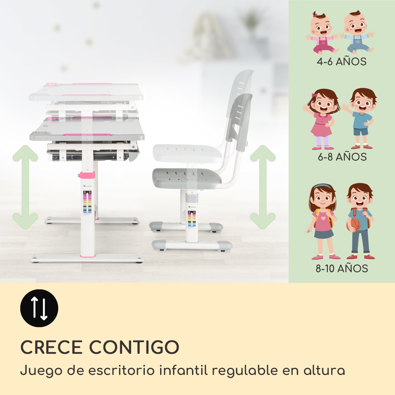 Tommi XL Juego de escritorio infantil Mesa y silla de altura regulable Ergonómica Para 4-10 años 