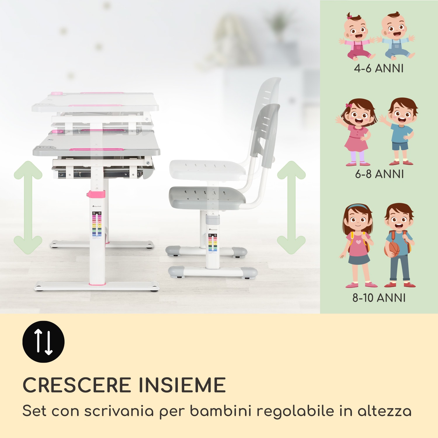 Tommi XL - Set con scrivania per bambini e sedia, altezza regolabile, ergonomica, 4-10 anni 