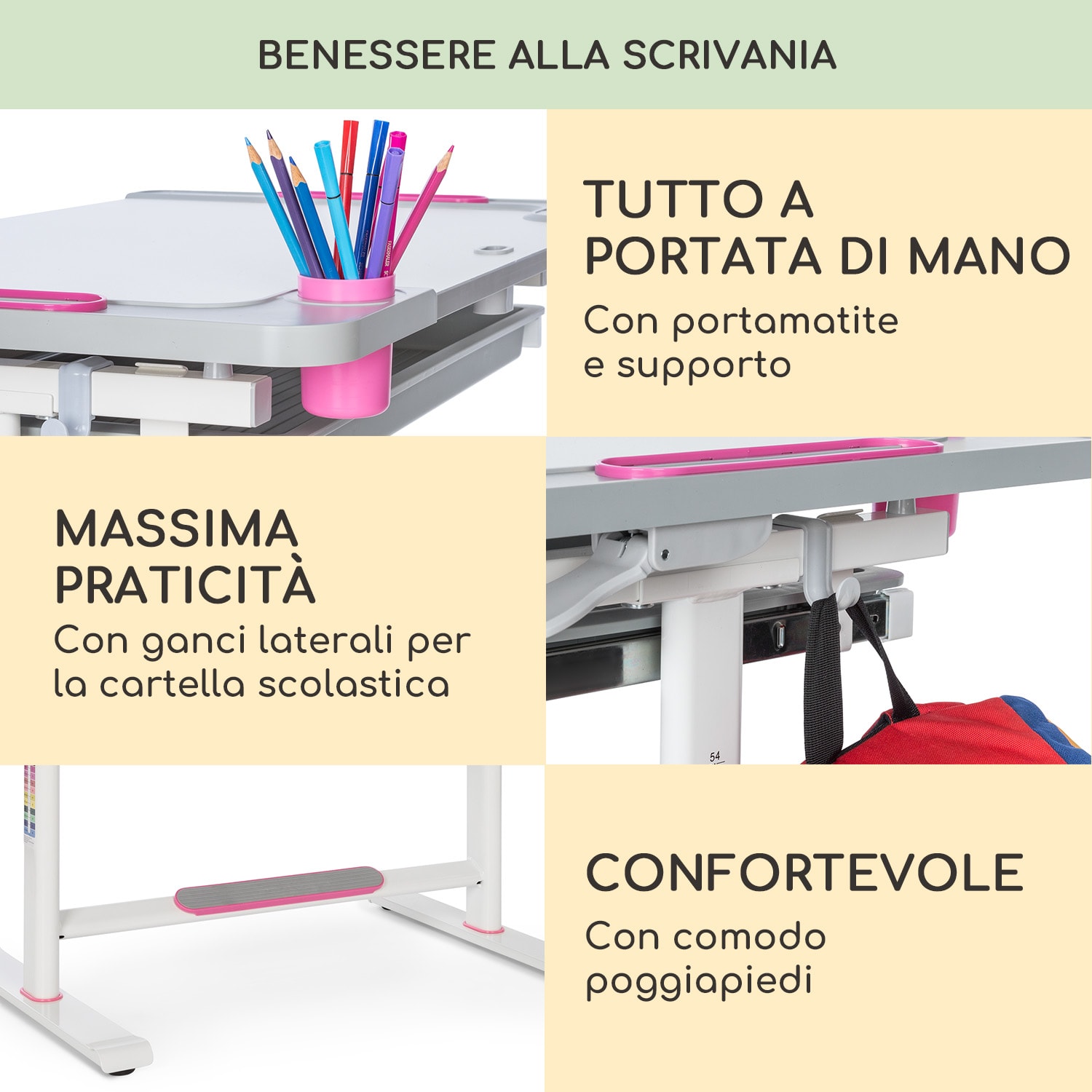 Tommi XL - Set con scrivania per bambini e sedia, altezza regolabile, ergonomica, 4-10 anni 