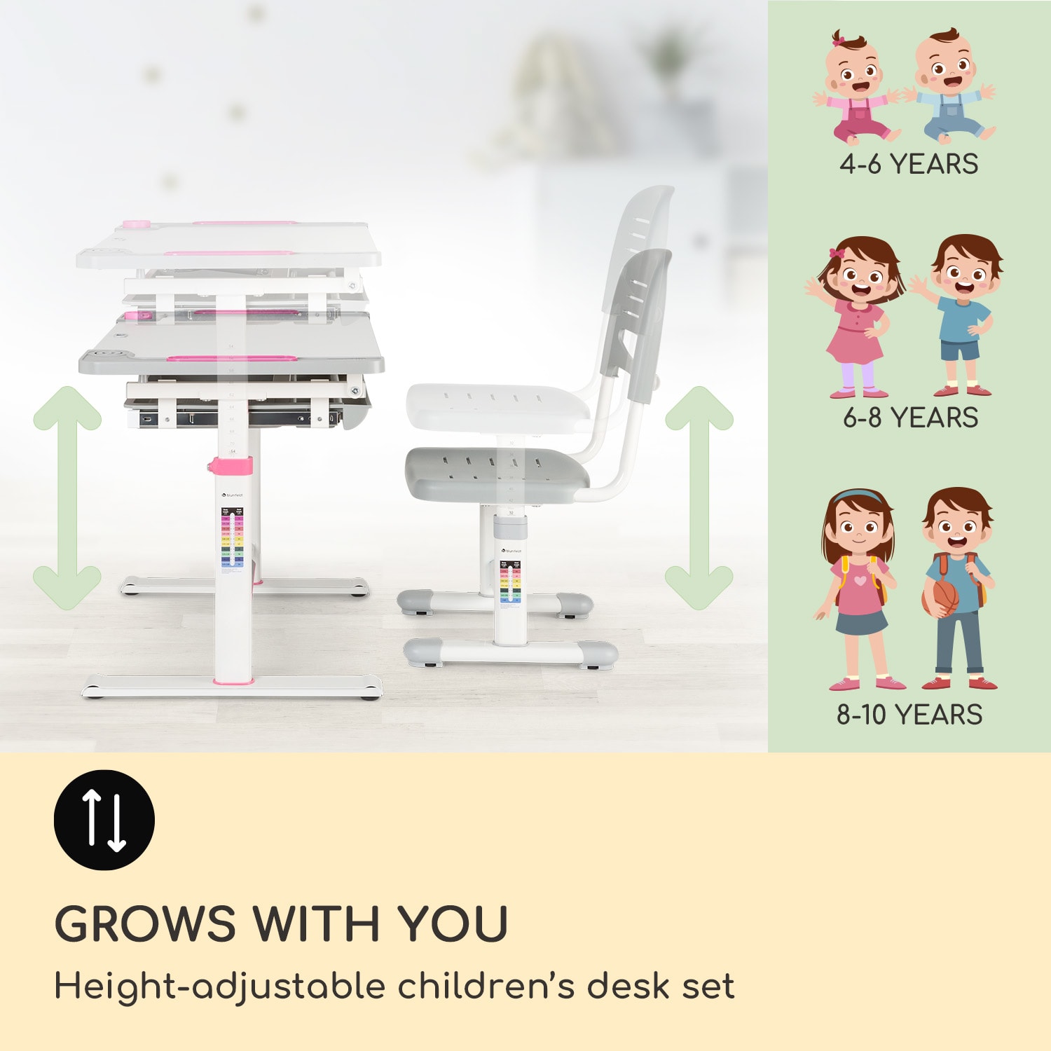 Lasten kirjoituspöytäsetti Tommi XL korkeussäädettävä pöytä & tuoli ergonominen 4 - 10-vuotiaille 