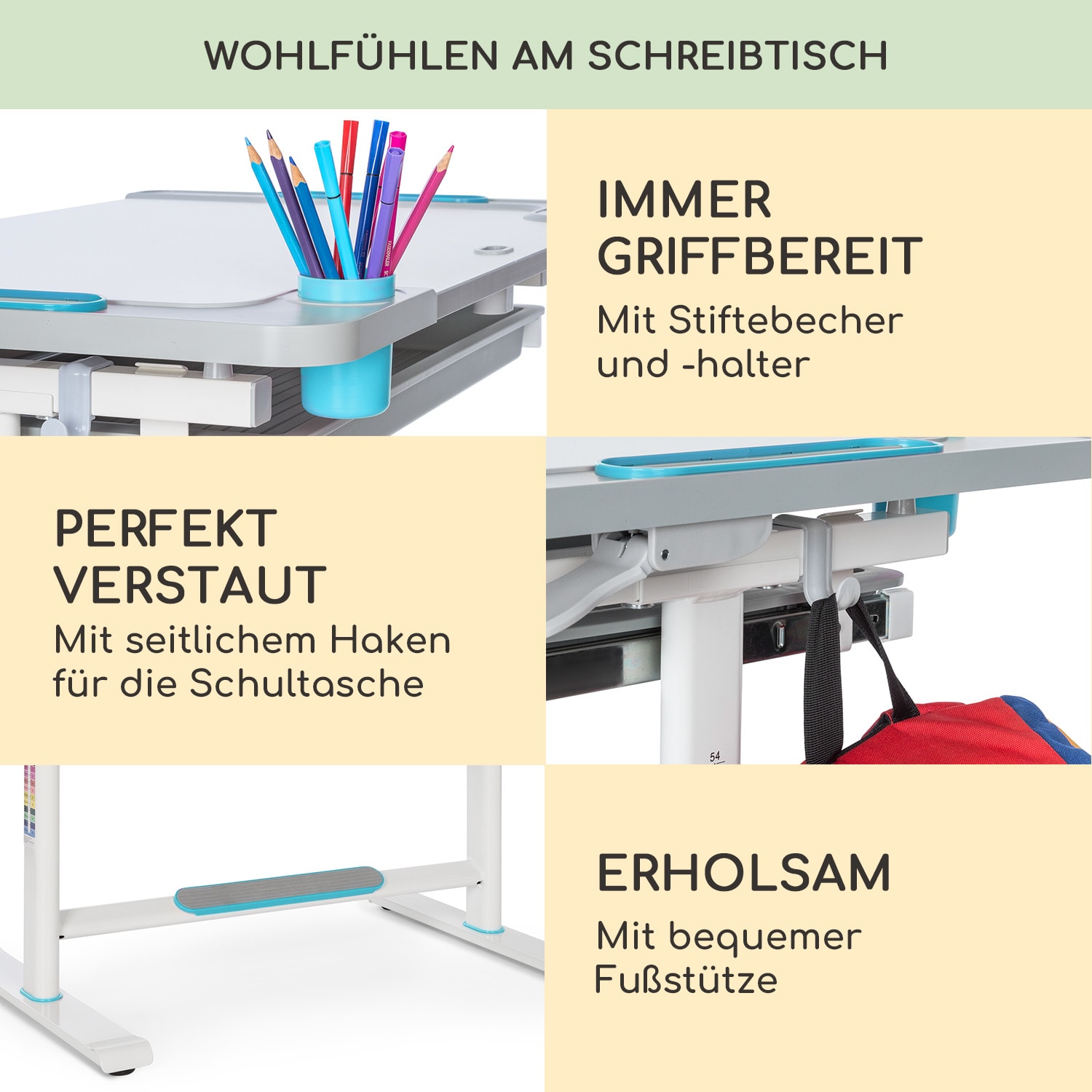 Kinderschreibtisch-Set Tommi XL höhenverstellbarer Tisch & Stuhl ergonomisch ab 4 - 10 Jahre 