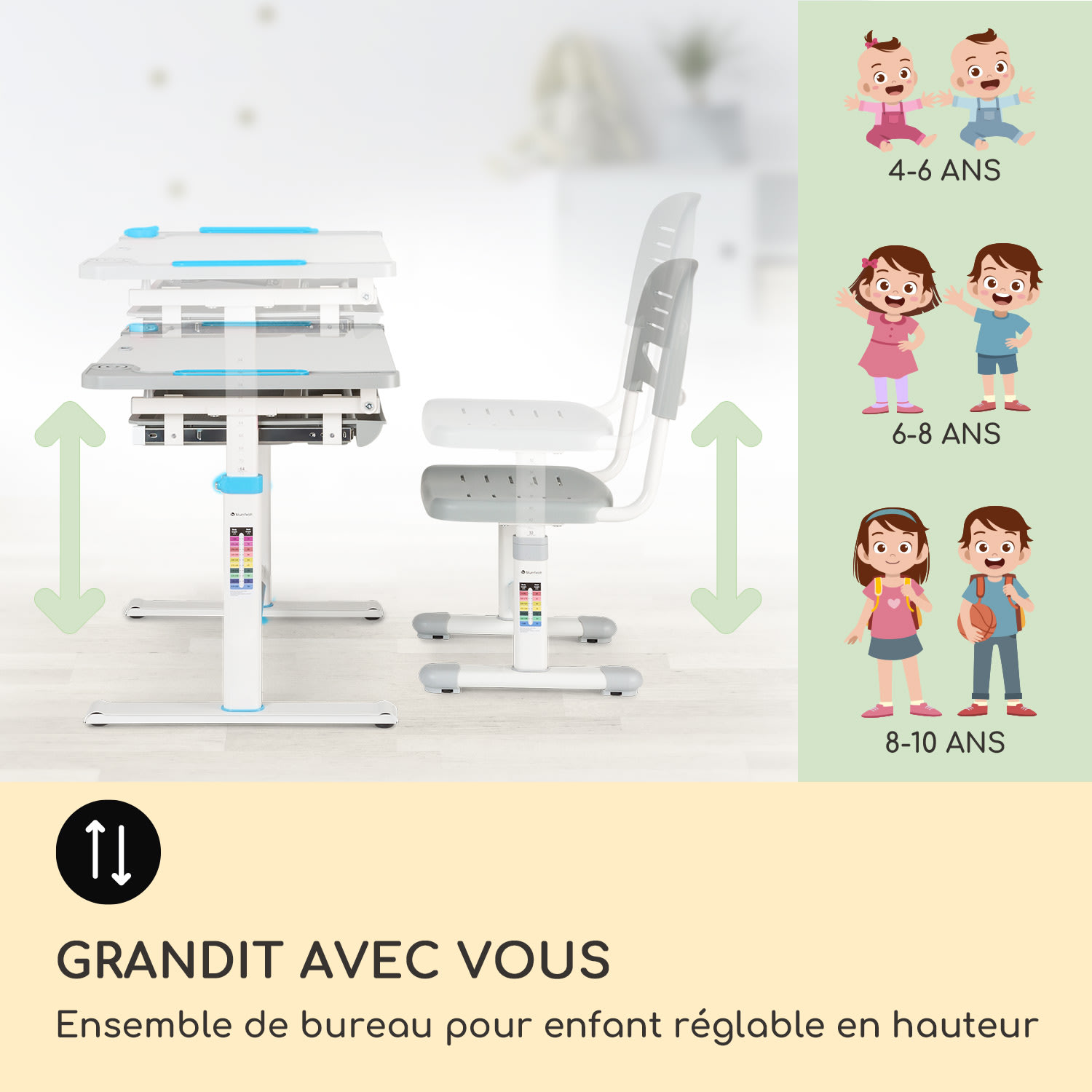 Ensemble de bureau pour enfant Tommi XL Table & chaise ergonomiques réglables en hauteur de 4 à 10 ans