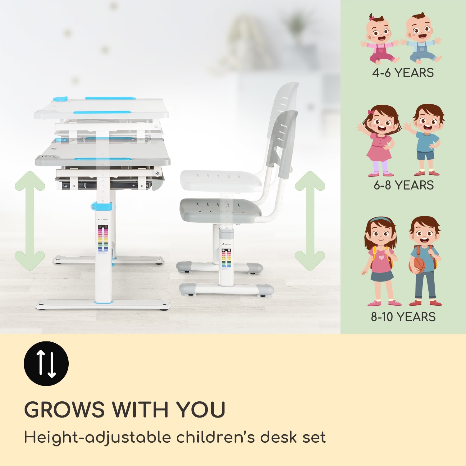 Tommi XL, детски комплект бюро и стол, регулируема височина на бюрото и ергономичен стол, от 4 до 10 години 