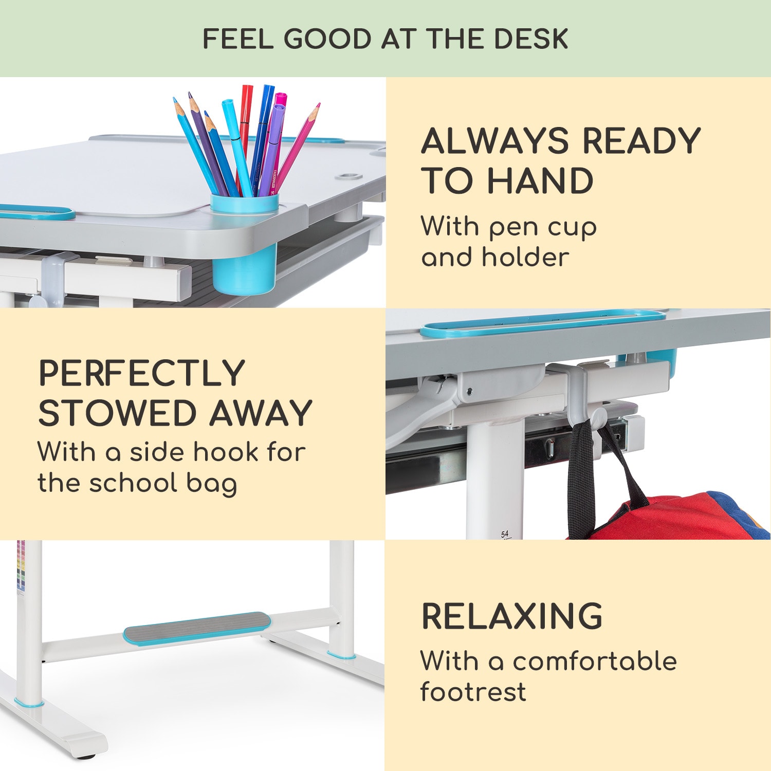 Tommi XL, детски комплект бюро и стол, регулируема височина на бюрото и ергономичен стол, от 4 до 10 години 