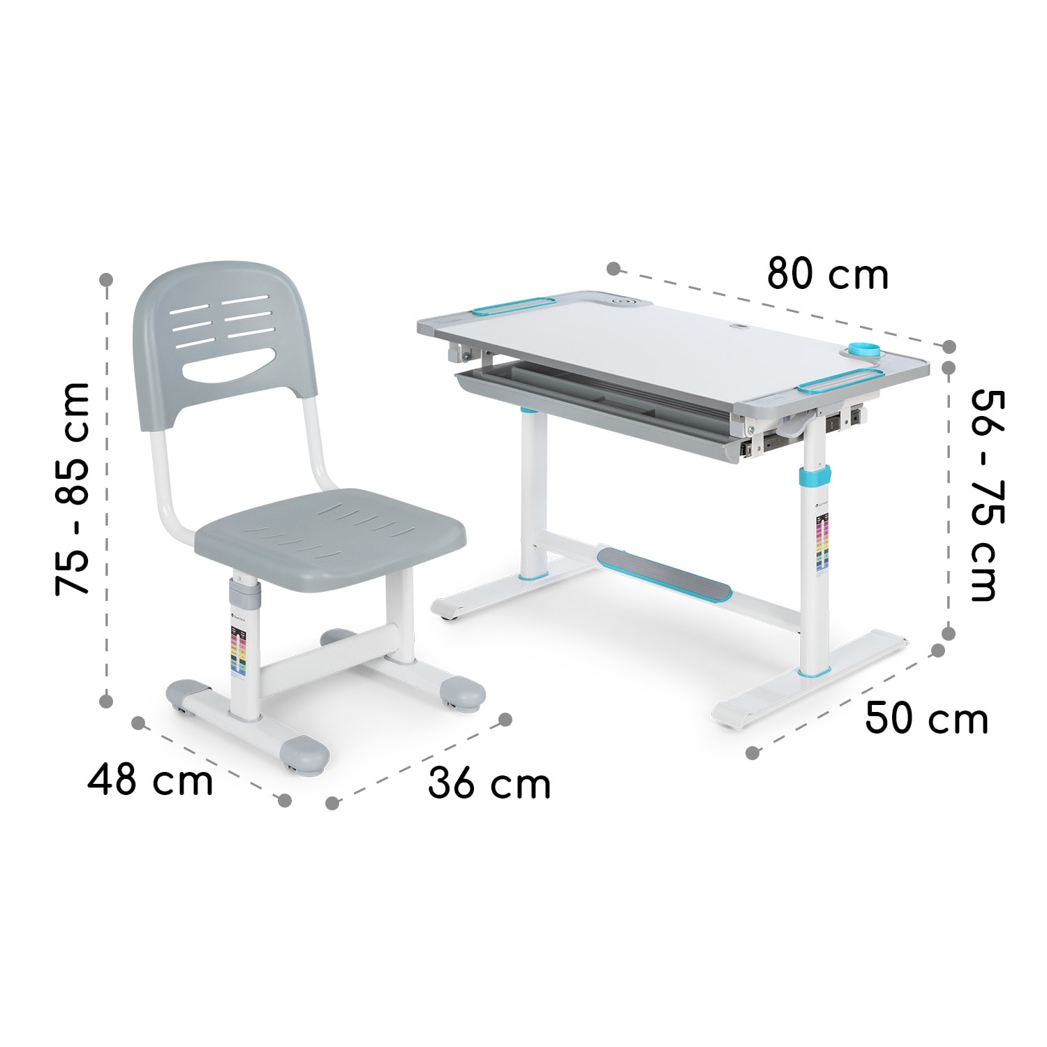 Tommi XL, sada dětského psacího stolku a židle, výškově nastavitelný stůl a ergonomická židle, od 4 - 10 let