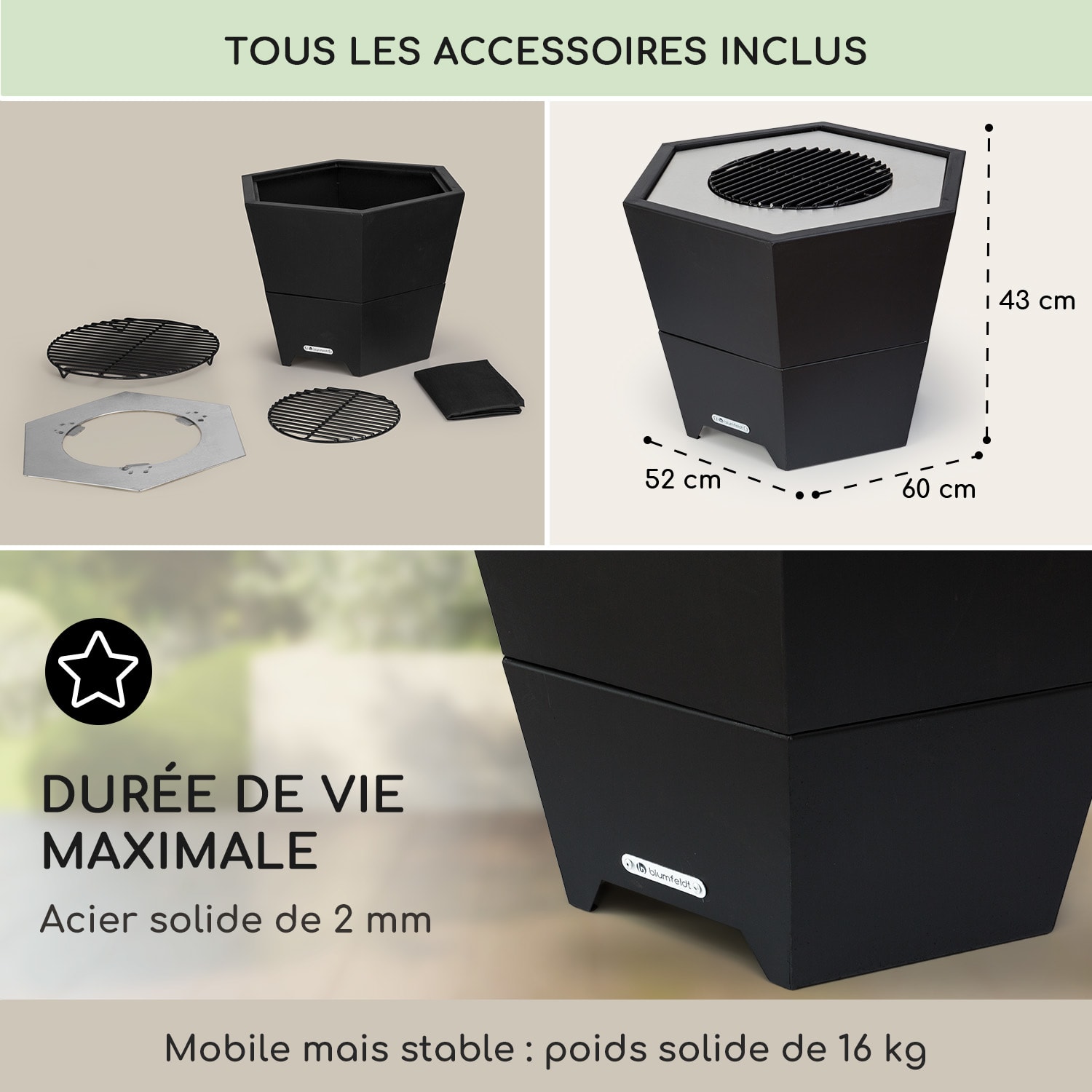 Hekla 2-in-1 vuurschaal met grillfunctie Ø 60 cm watervaste & vorstvrije constructie Zwart