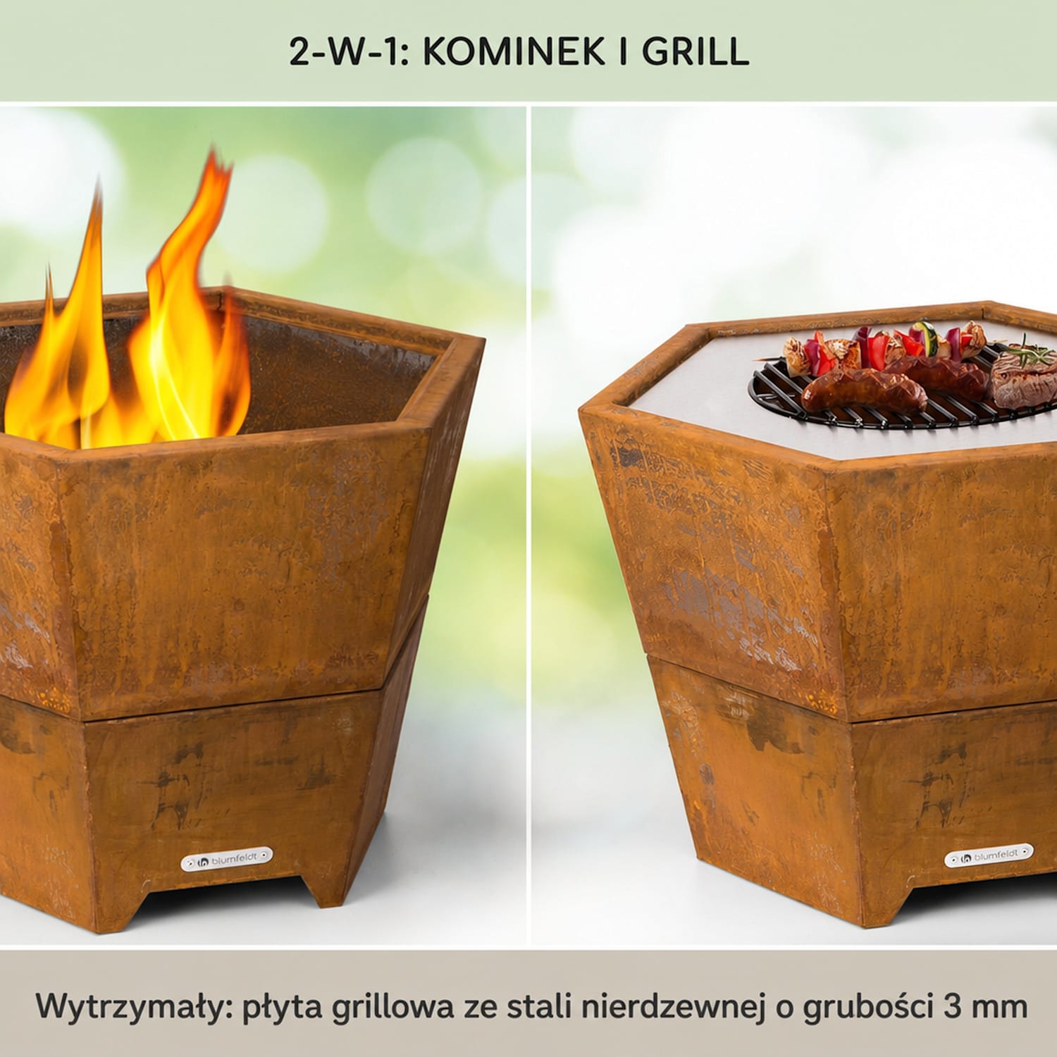 Hekla misa paleniskowa 2-w-1 Ø 60 cm wodo- i mrozoodporna płyta grillowa i ruszt do grillowania Rdza
