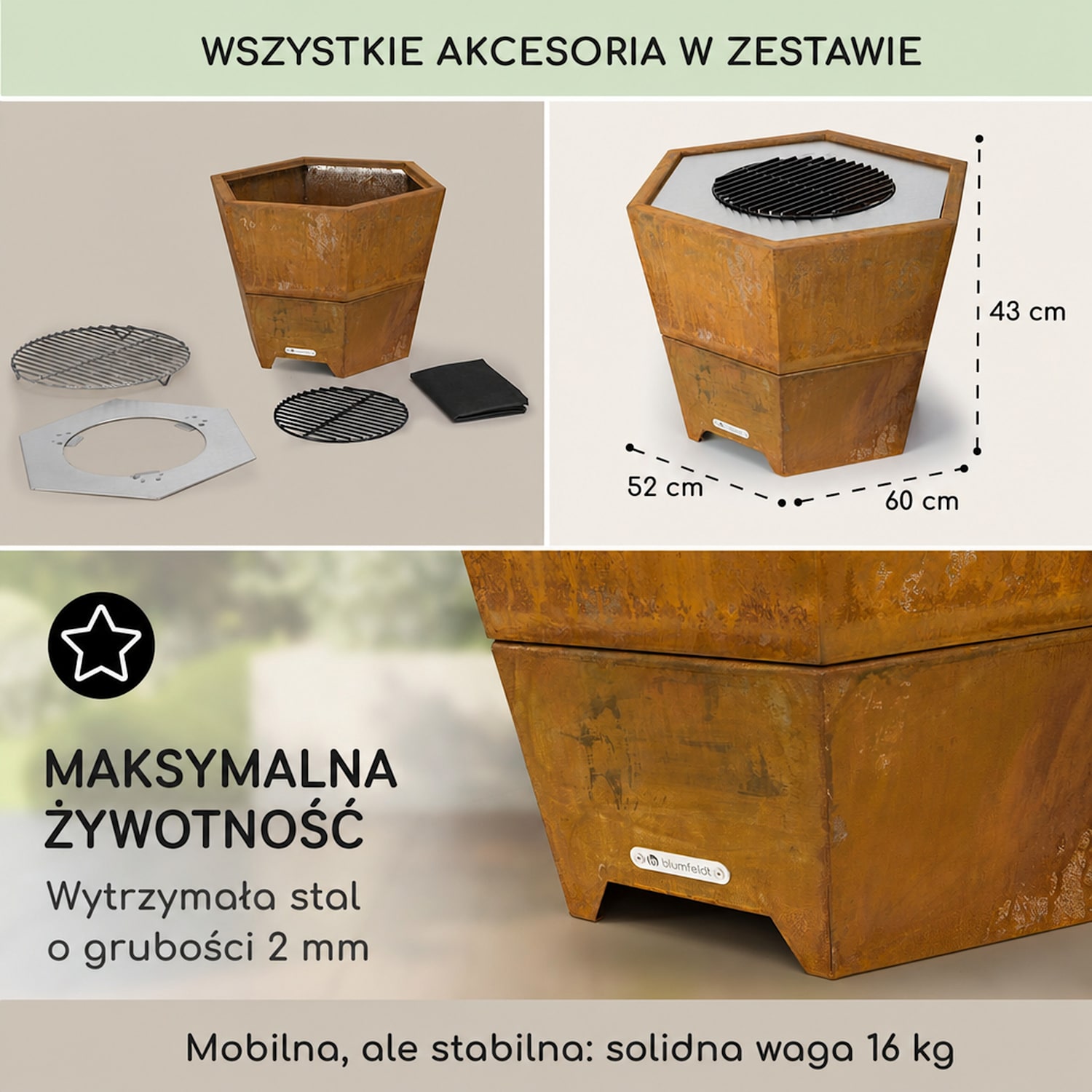 Hekla misa paleniskowa 2-w-1 Ø 60 cm wodo- i mrozoodporna płyta grillowa i ruszt do grillowania Rdza