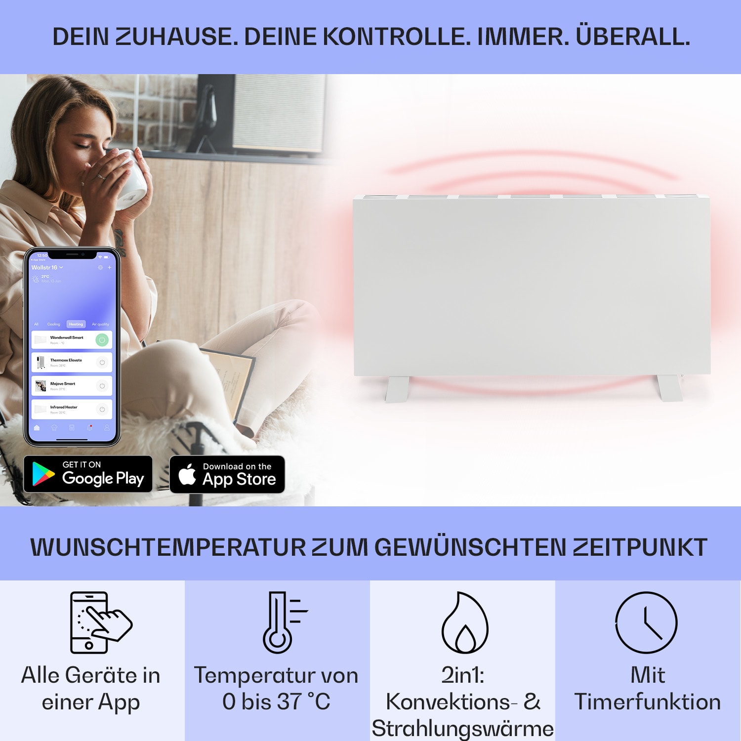 Taal Smart Hybrid-Infrarot-Heizung 105x56cm 750W Wochentimer IP24 Weiß