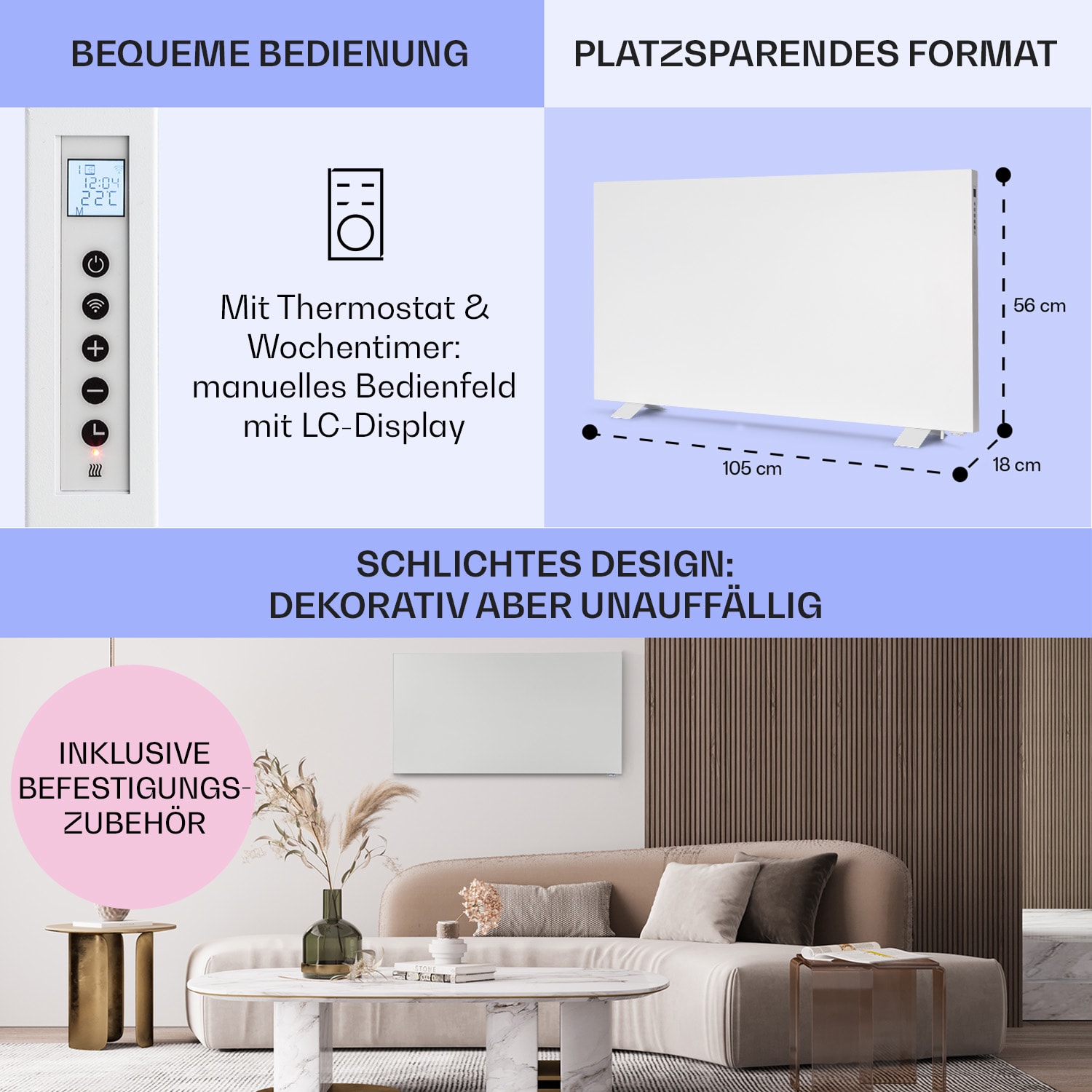 Taal Smart Hybrid-Infrarot-Heizung 105x56cm 750W Wochentimer IP24 Weiß