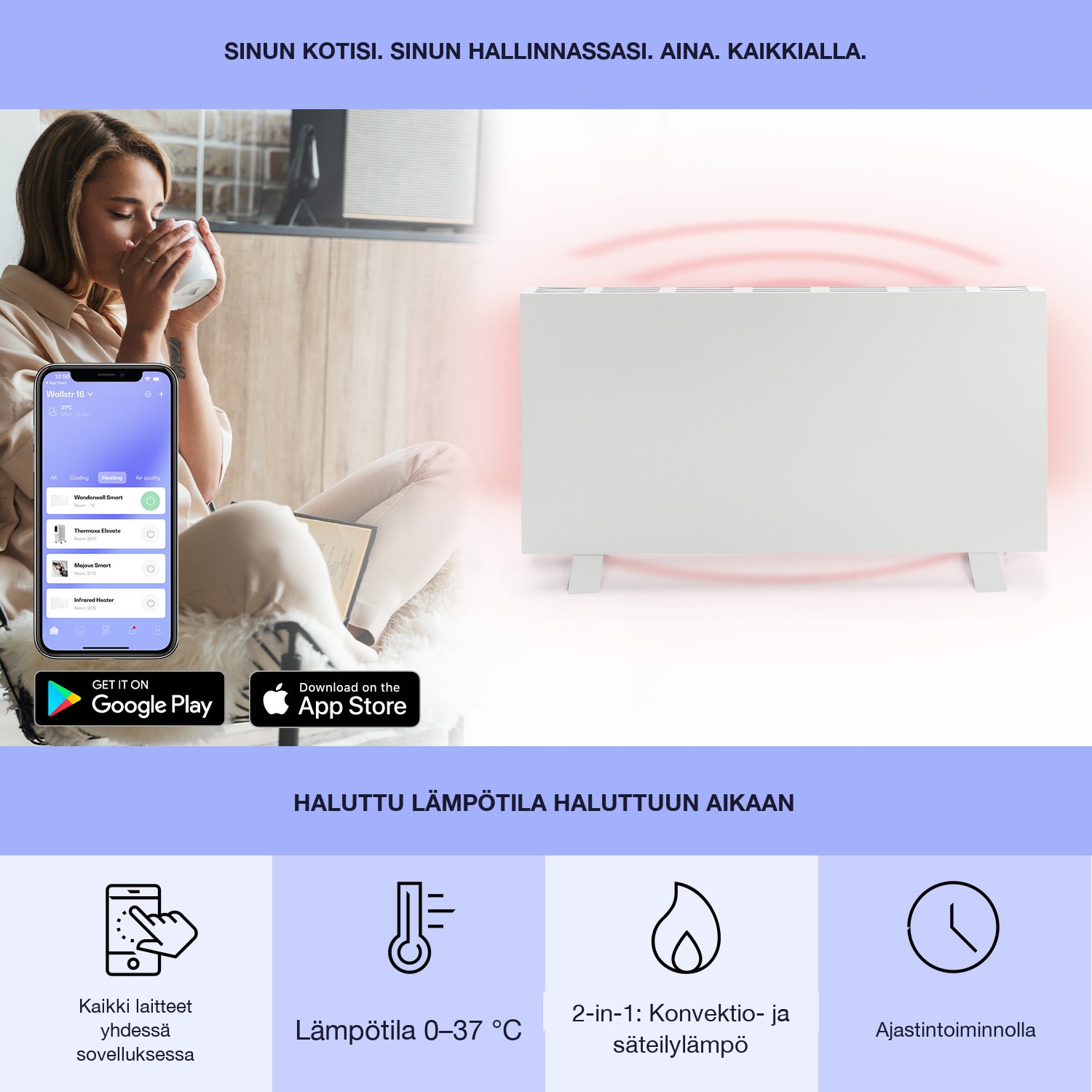 Taal Smart -hybridi-infrapunalämmitin 105x56cm 750W viikkoajastin IP24 Valkoinen