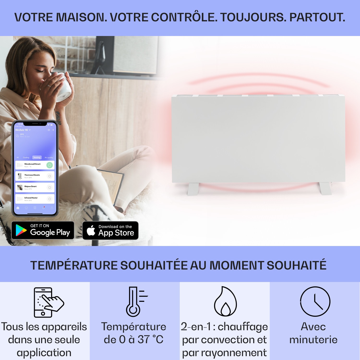 Taal Smart radiateur infrarouge hybride Minuterie hebdomadaire 105 x 56 cm 750 W IP24 Blanc