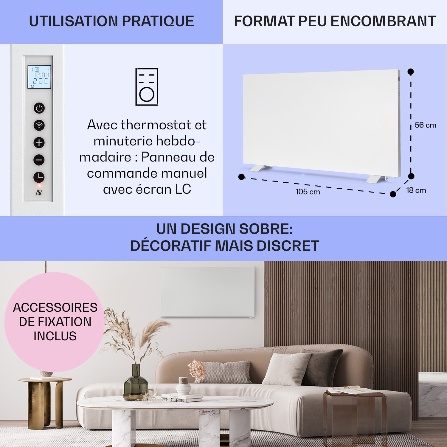 Taal Smart radiateur infrarouge hybride Minuterie hebdomadaire 105 x 56 cm 750 W IP24 Blanc