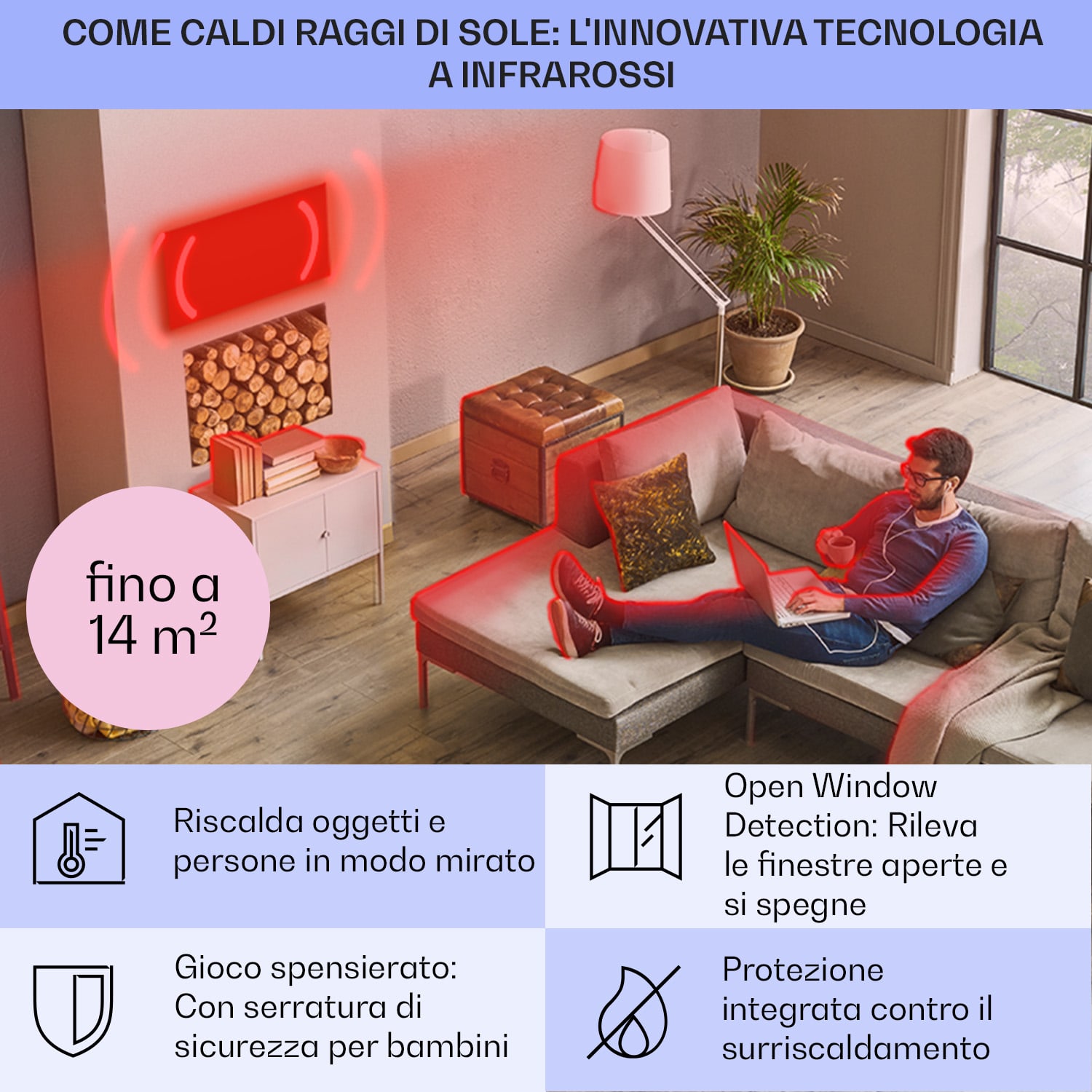 Taal Smart pannello riscaldante a infrarossi ibrido, 105x56cm, 750W, timer settimanale, IP24 