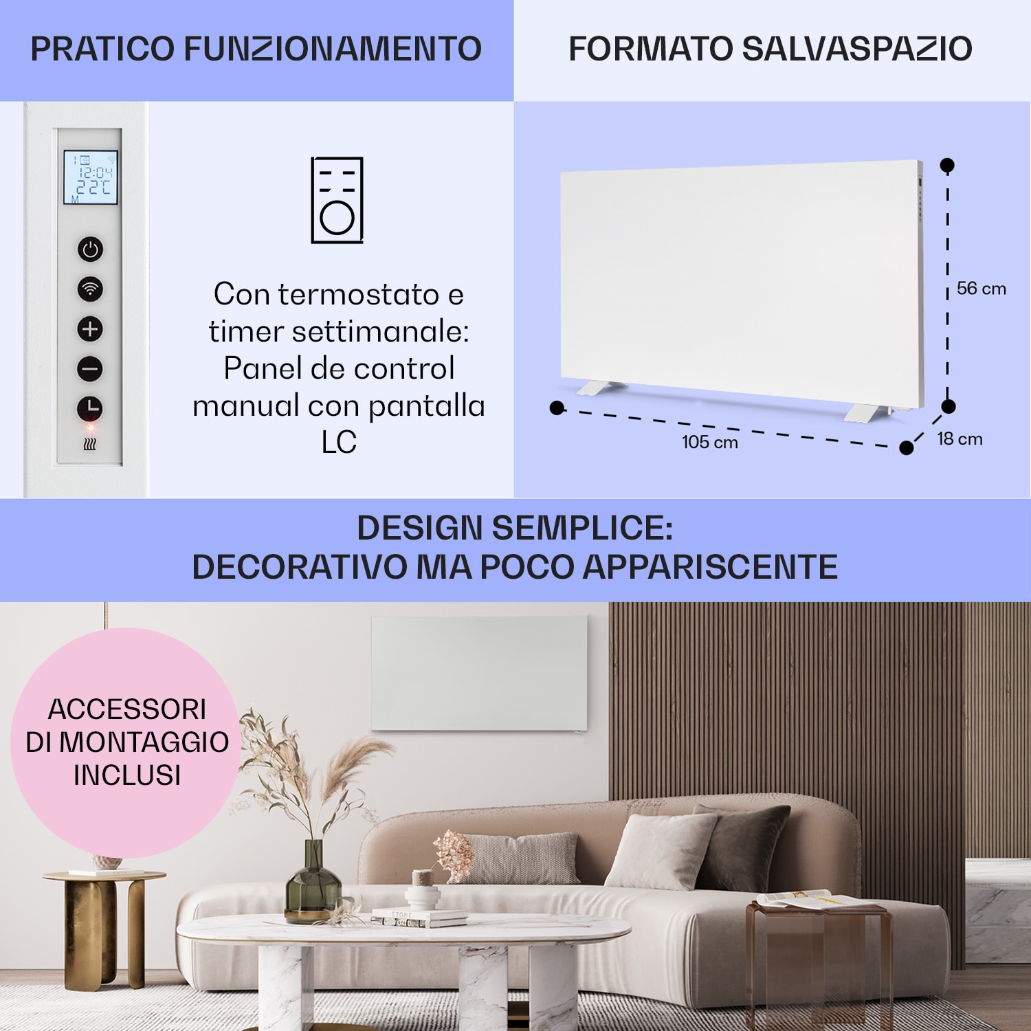 Taal Smart pannello riscaldante a infrarossi ibrido, 105x56cm, 750W, timer settimanale, IP24 