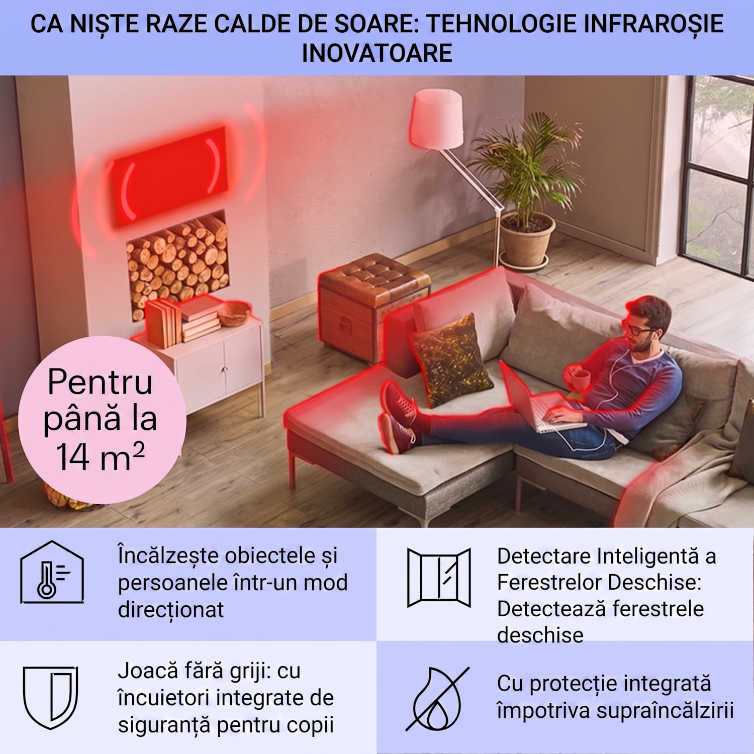 Taal Smart, încălzitor hibrid cu infraroșu, 105 x 56 cm, 750 W, cronometru săptămânal, IP24 Alb