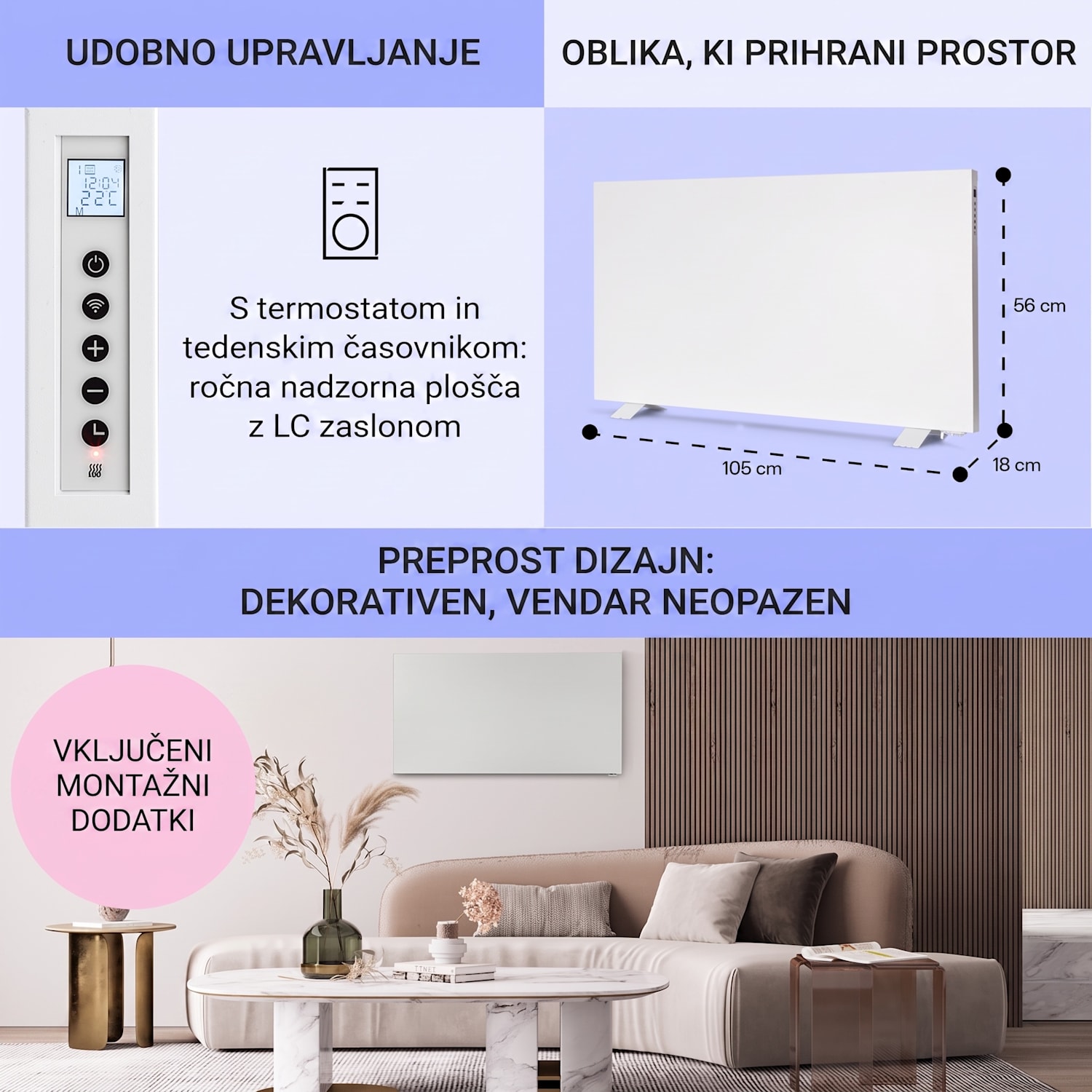 Taal Smart, hibridni infrardeči grelnik, 105x56cm, 750W, tedenski časovnik, IP24 Bela