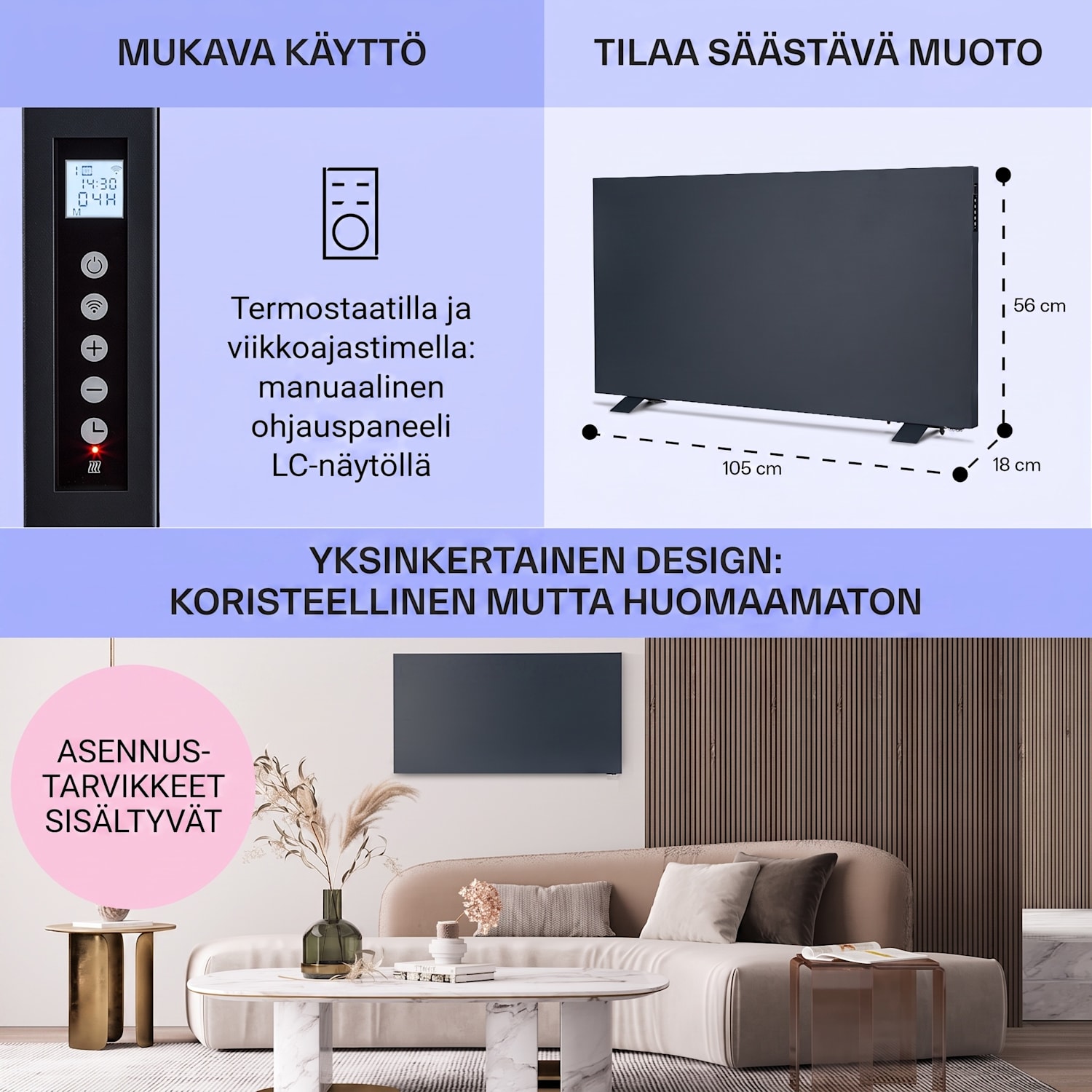 Taal Smart -hybridi-infrapunalämmitin 105x56cm 750W viikkoajastin IP24 Antrasiitti