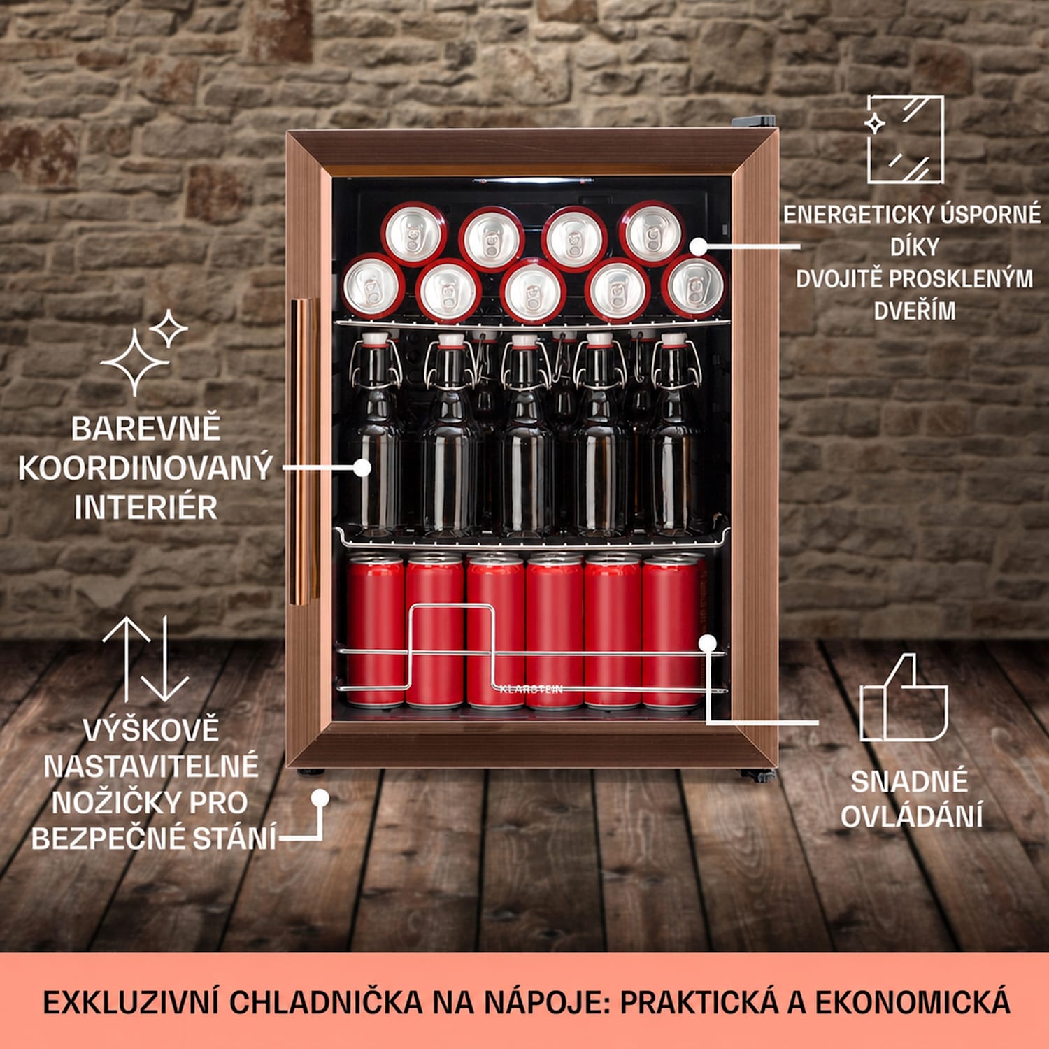 Beersafe XL, lednice, 60 litrů, 2 police, panoramatické skleněné dveře, nerezová ocel 60 L | E | Černá | Měděná