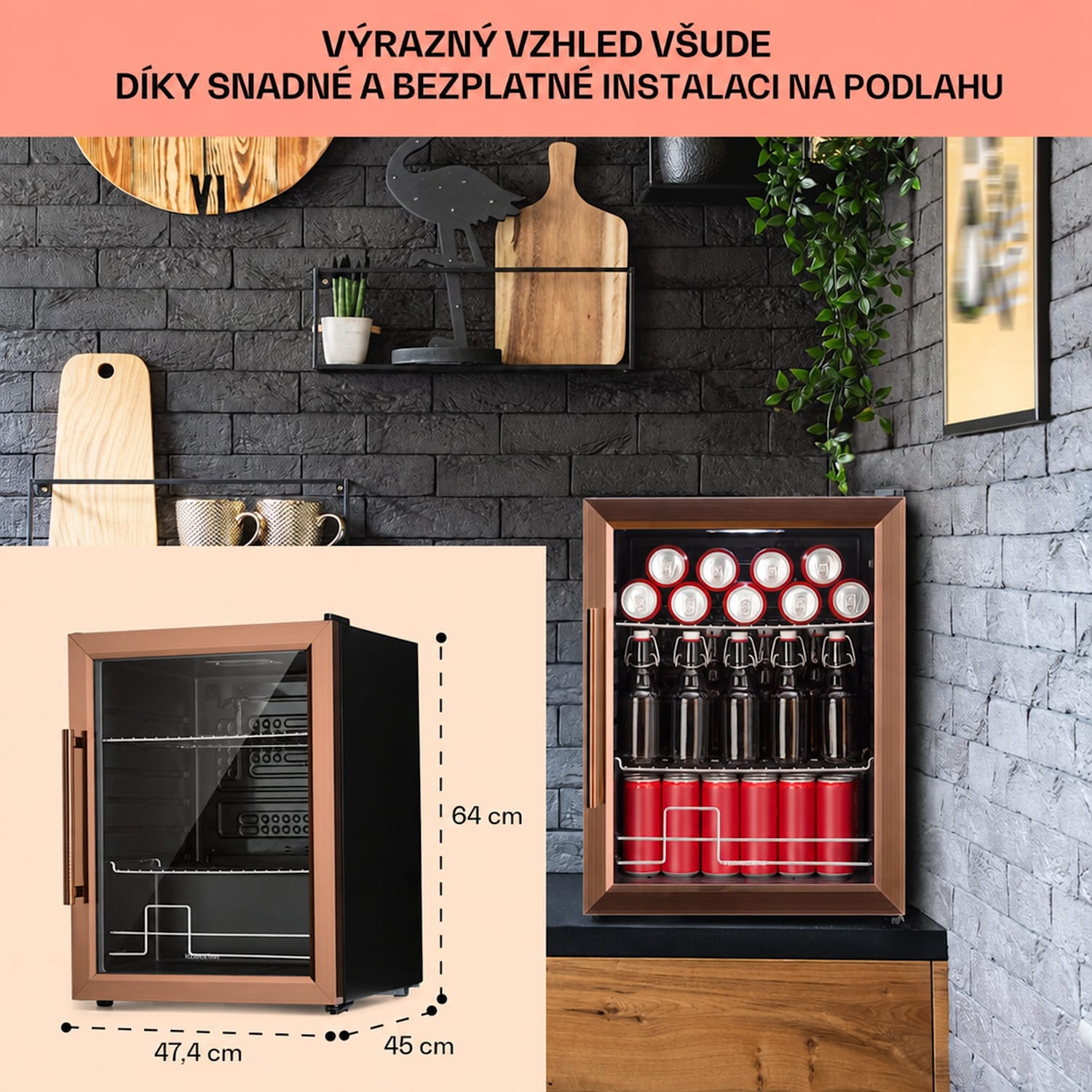 Beersafe XL, lednice, 60 litrů, 2 police, panoramatické skleněné dveře, nerezová ocel 60 L | E | Černá | Měděná