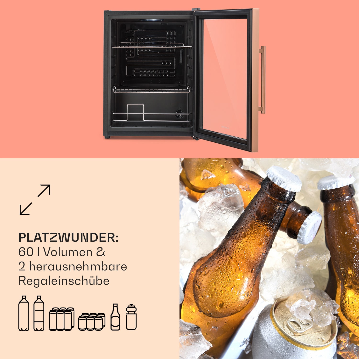 Beersafe XL Réfrigérateur 60 litres 2 clayettes double isolation porte vitrée panoramique inox 60 L | Cuivre Métallisé