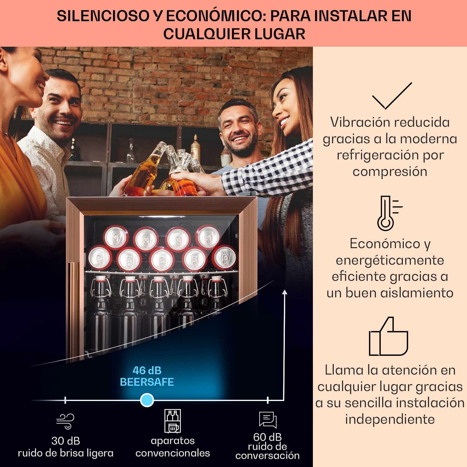 Beersafe XL Nevera 60 litros 2 estantes Puerta doblemente aislada. panorámica de cristal Acero inoxidable 60 L | Cobre Metálico