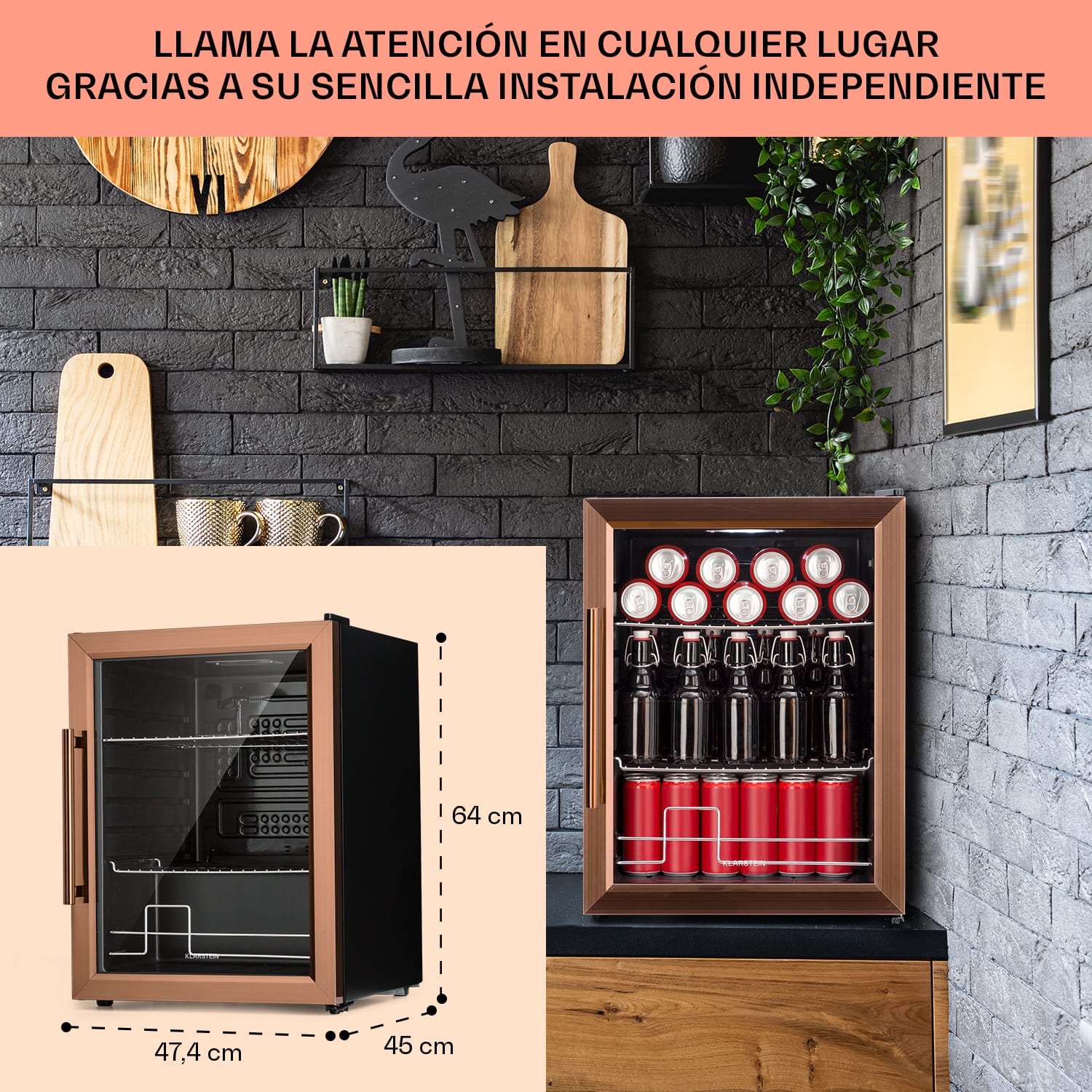 Beersafe XL Nevera 60 litros 2 estantes Puerta doblemente aislada. panorámica de cristal Acero inoxidable 60 L | Cobre Metálico