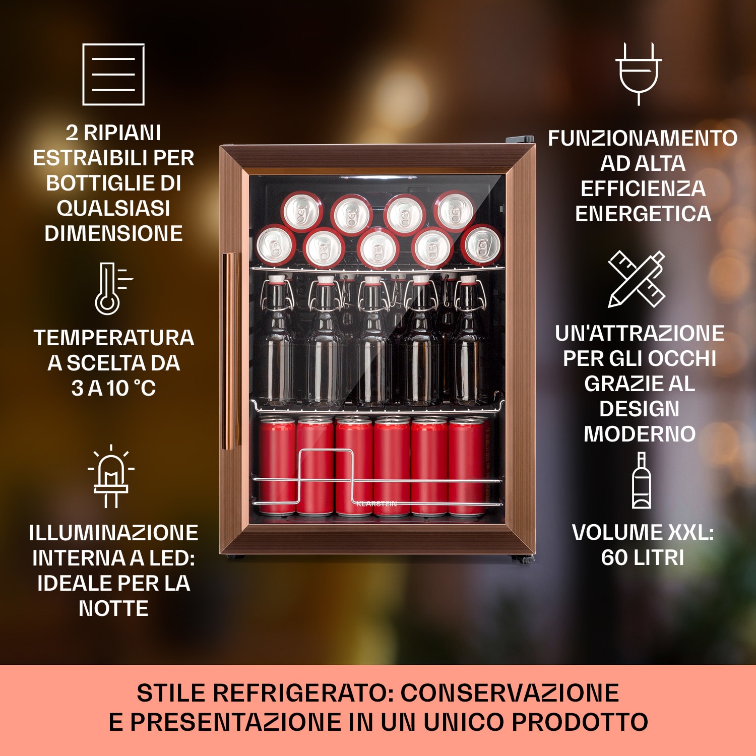 Beersafe XL Frigorifero, 60 litri, 2 ripiani, sportello panoramico di vetro a doppio isolamento, acciaio inox 60 Ltr | Rame metallizzato